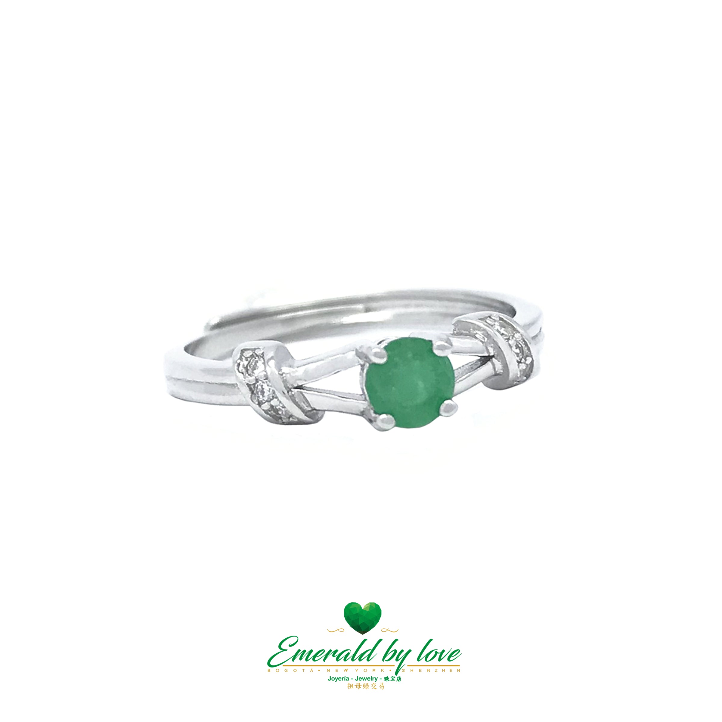 Silver Ring with Central Round Emerald and Side Silver Closures: Modern Elegance