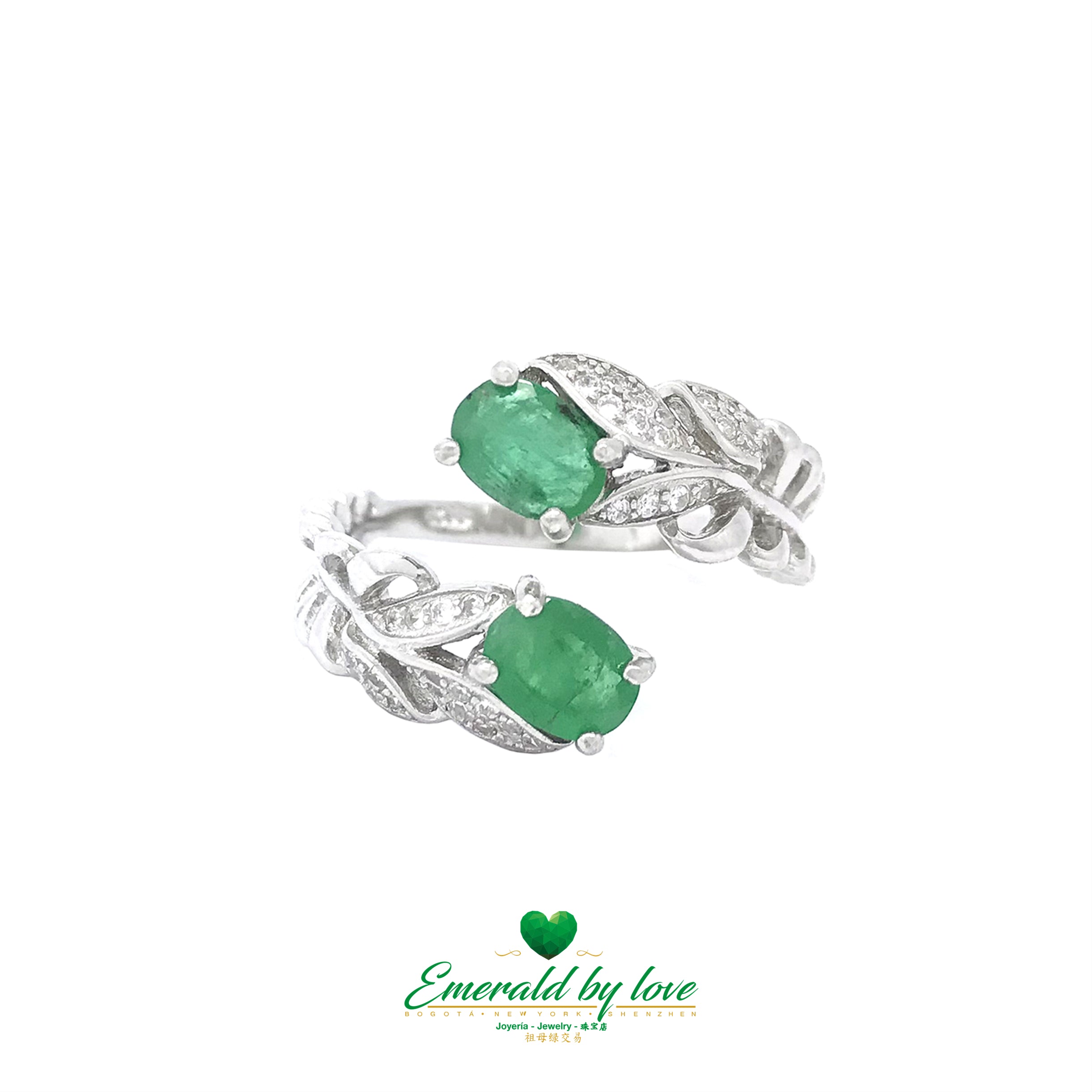 Semi-Closed Silver Vine Ring with Dual Oval Emeralds: Nature's Embrace