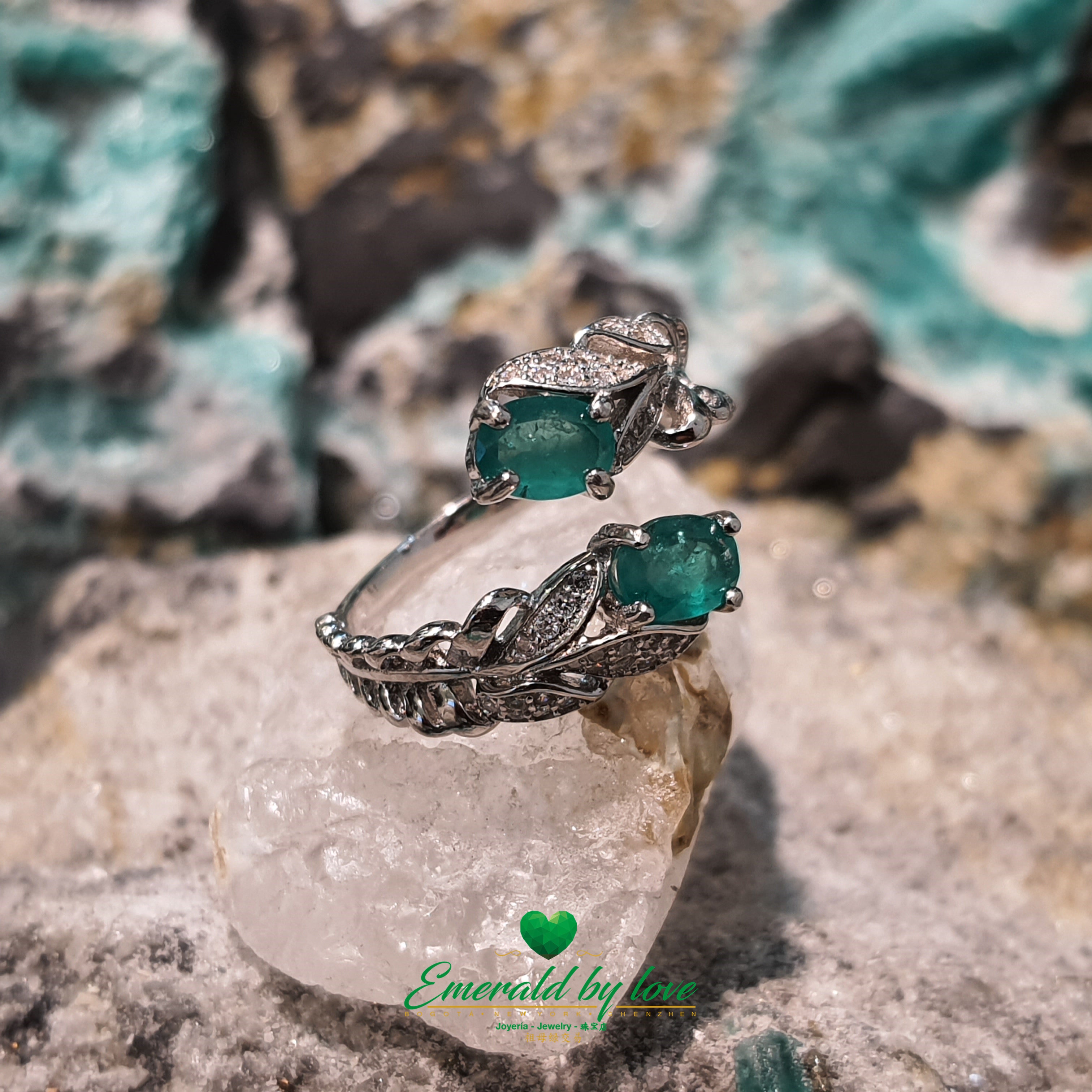 Semi-Closed Silver Vine Ring with Dual Oval Emeralds: Nature's Embrace