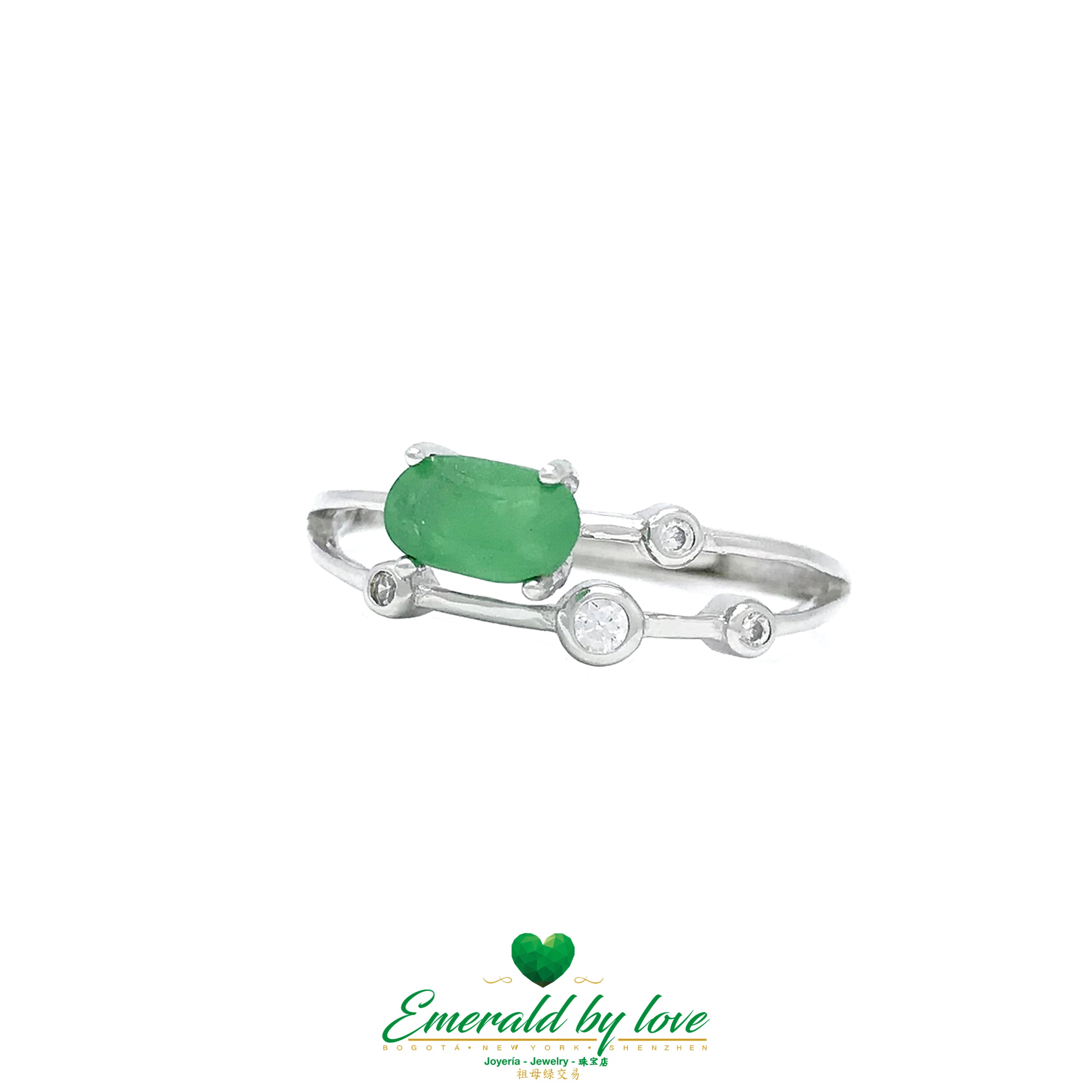Double-Band Silver Ring with Side Oval Emerald: Contemporary Elegance