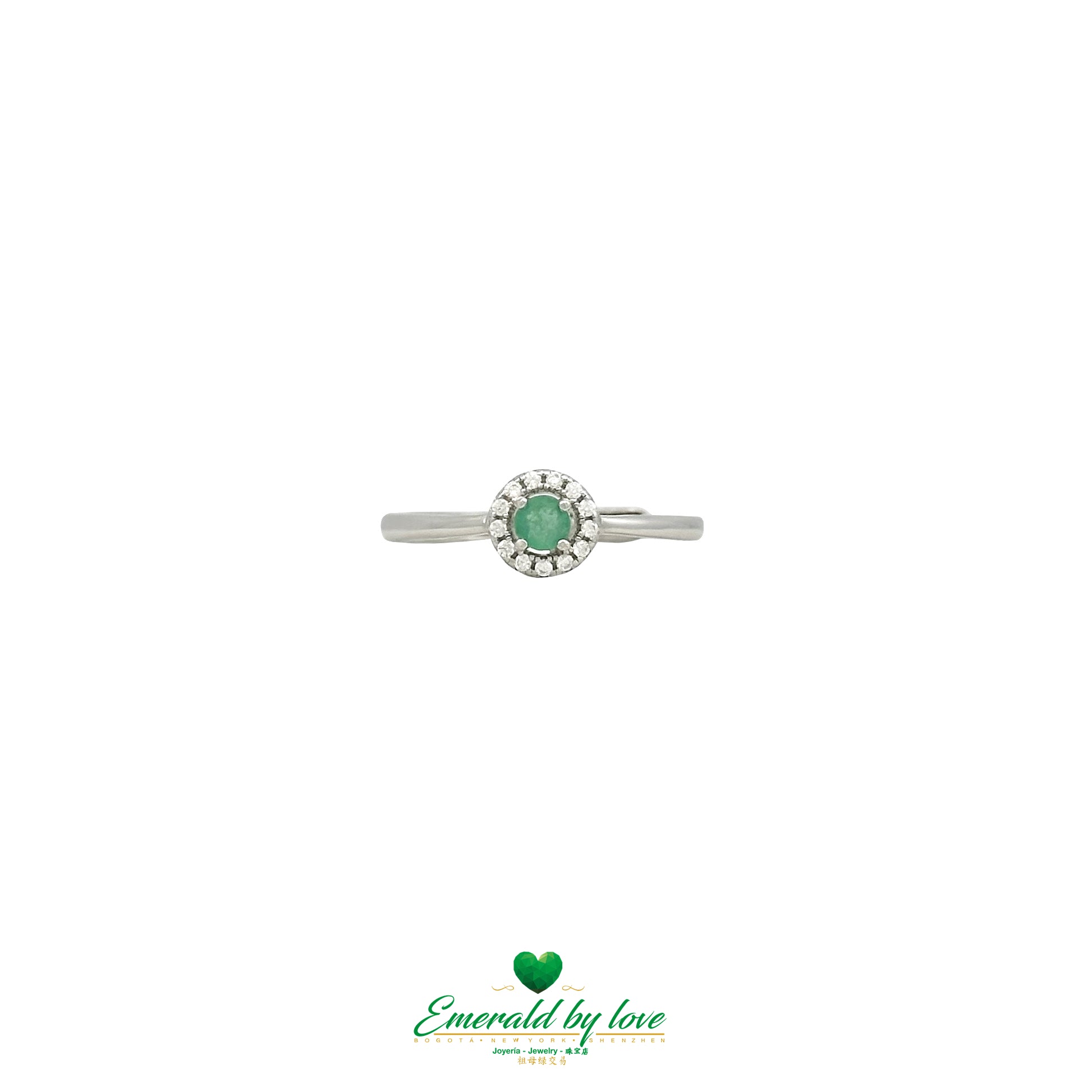Delicate Ring with Small Round Marquise-Style Emerald Surrounded by White Zircons