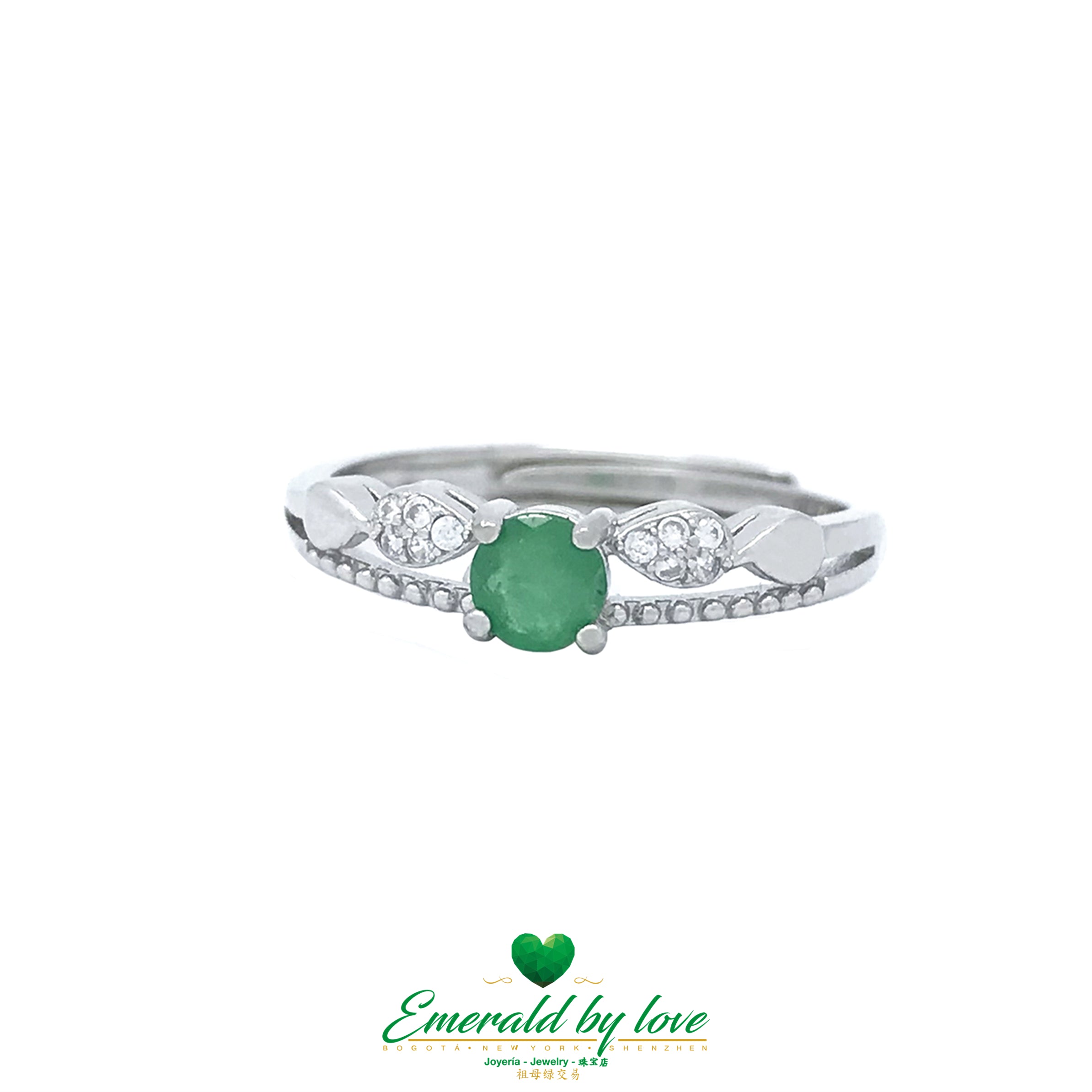 Double-Band Ring with Round Central Emerald and Bow Design in Zirconia