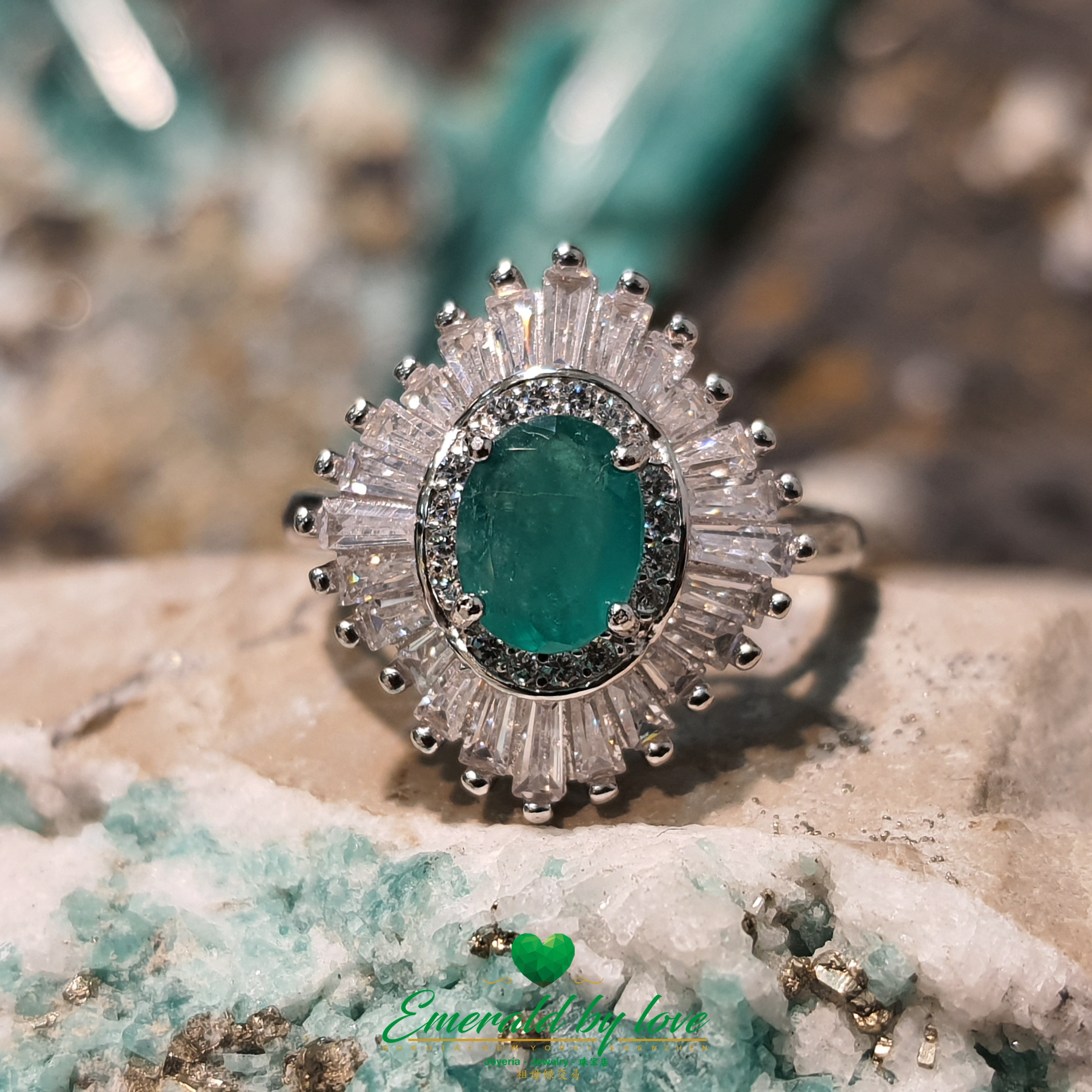 Imperial Marquise Ring with Oval Central Emerald and Baguette CZ Surround: Majestic Elegance