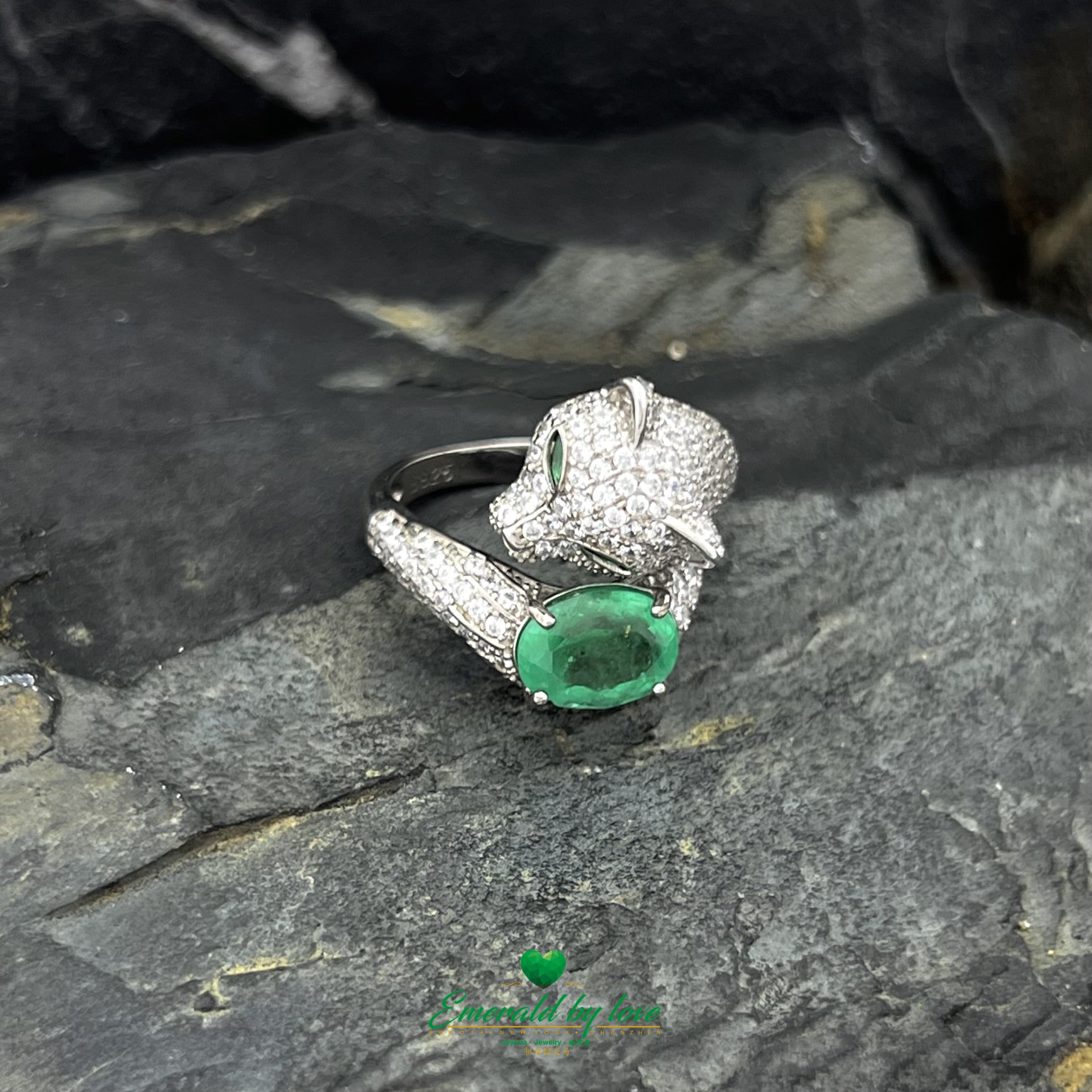 Spiral Panther Design Ring with Oval Emerald Accent