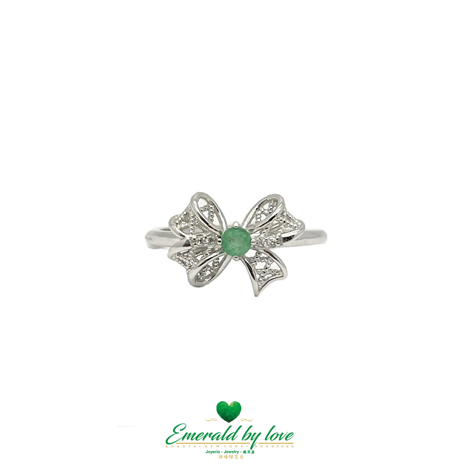 Round Central Emerald Ring with Bow Design