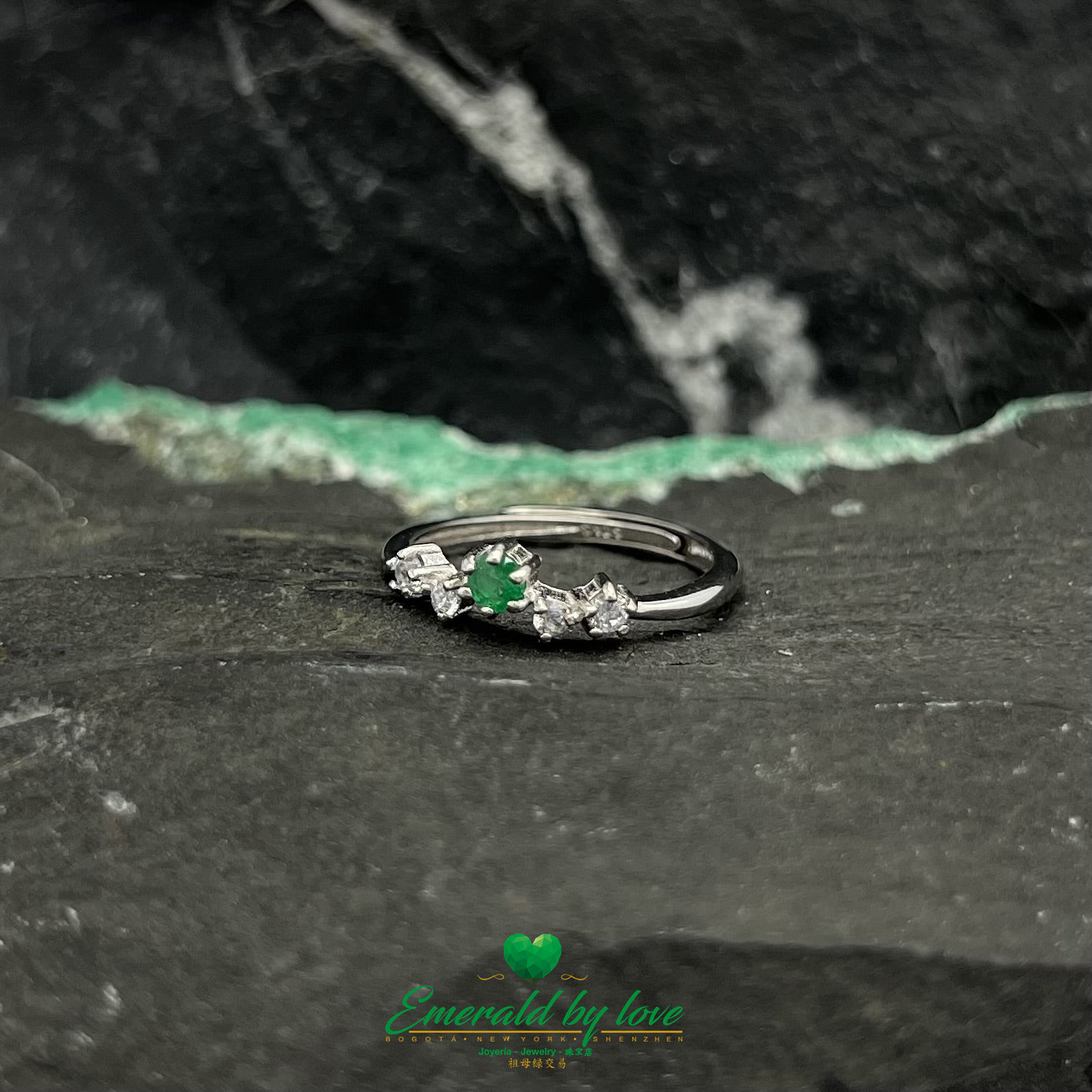Sterling Silver Ring with Central Round Emerald and Twin Zirconia Accents