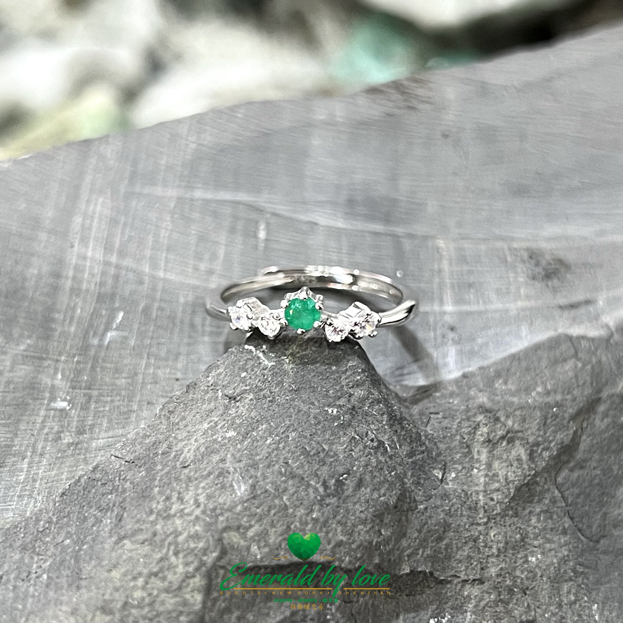 Sterling Silver Ring with Central Round Emerald and Twin Zirconia Accents