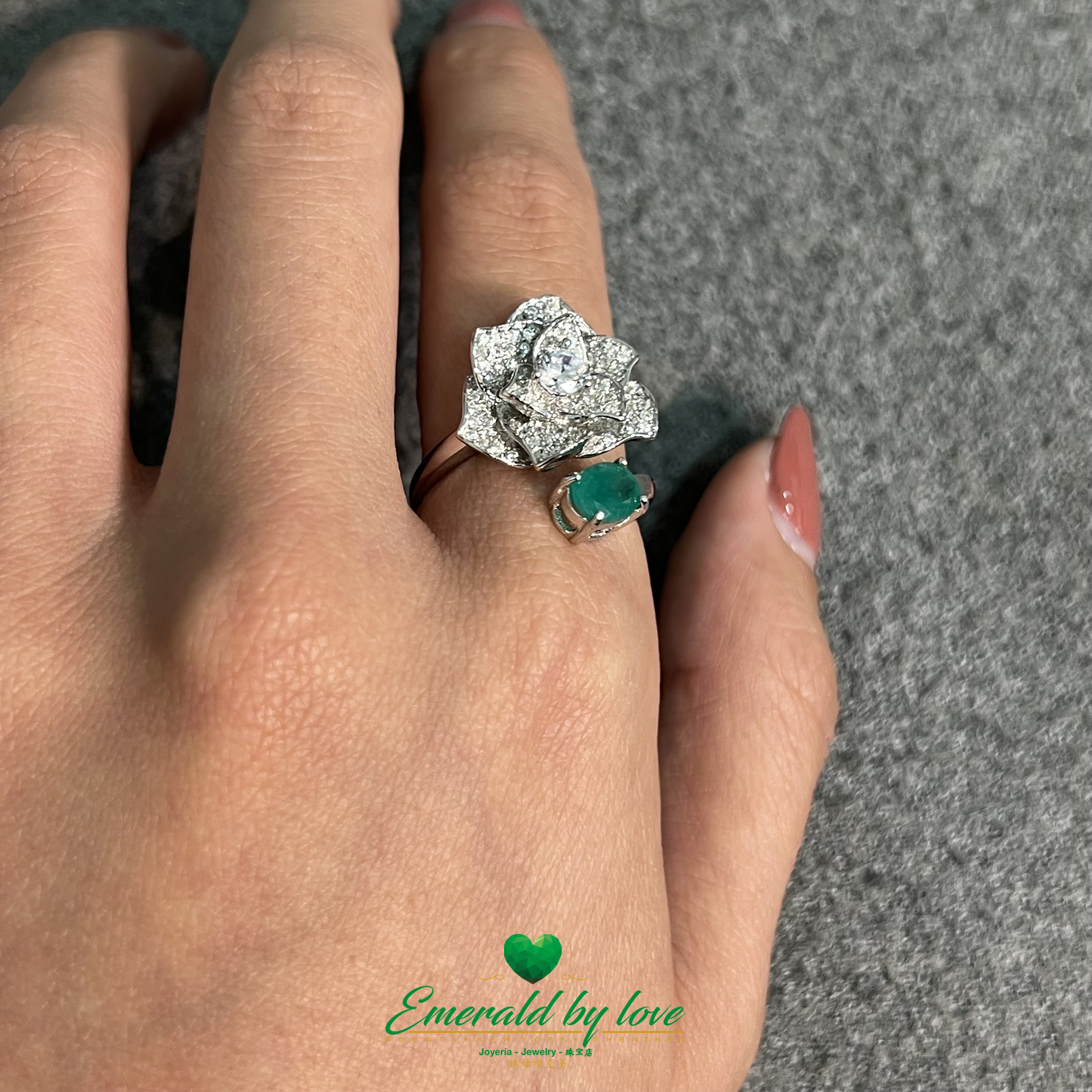 Silver Ring with Orchid Zirconia and Colombian Emerald Oval