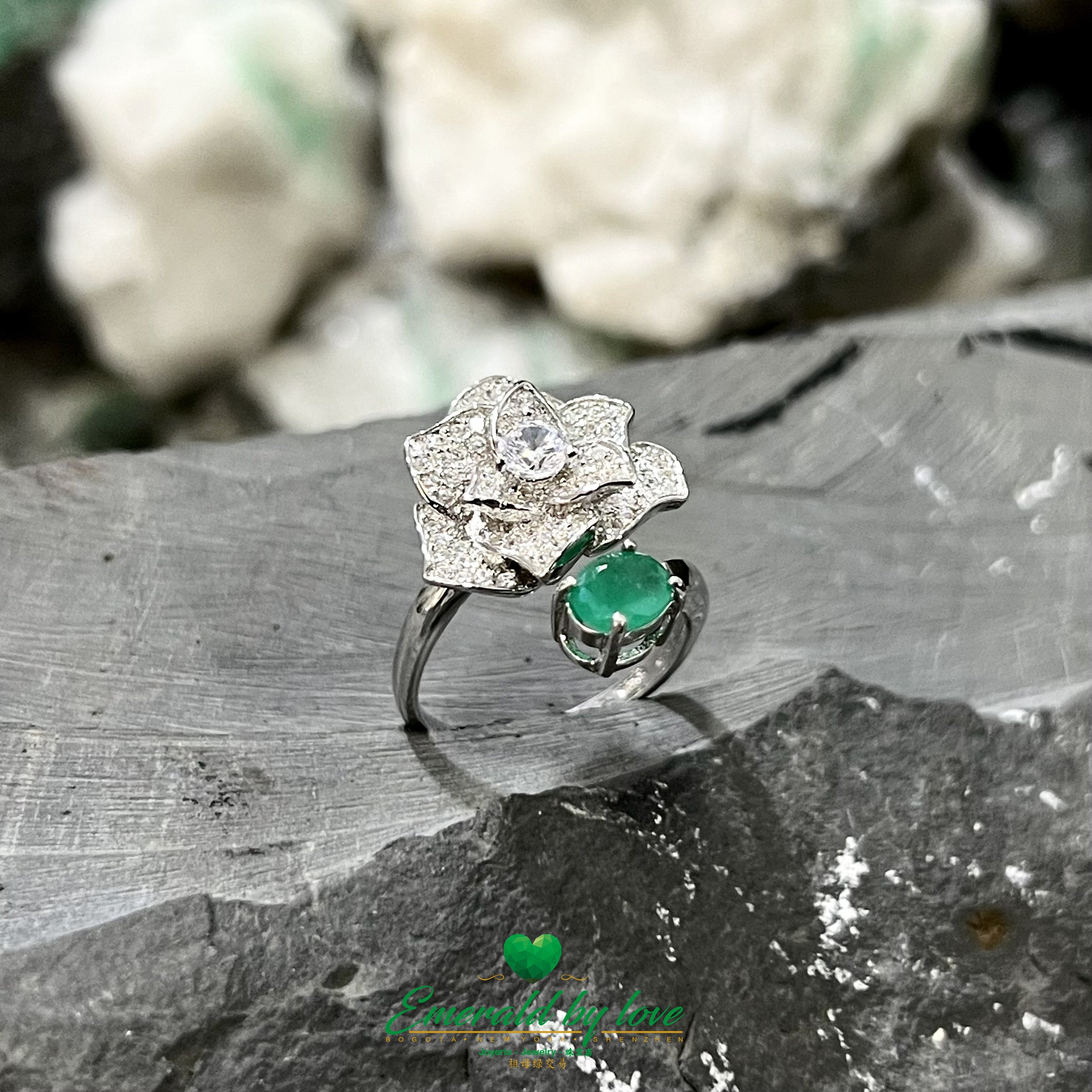 Silver Ring with Orchid Zirconia and Colombian Emerald Oval