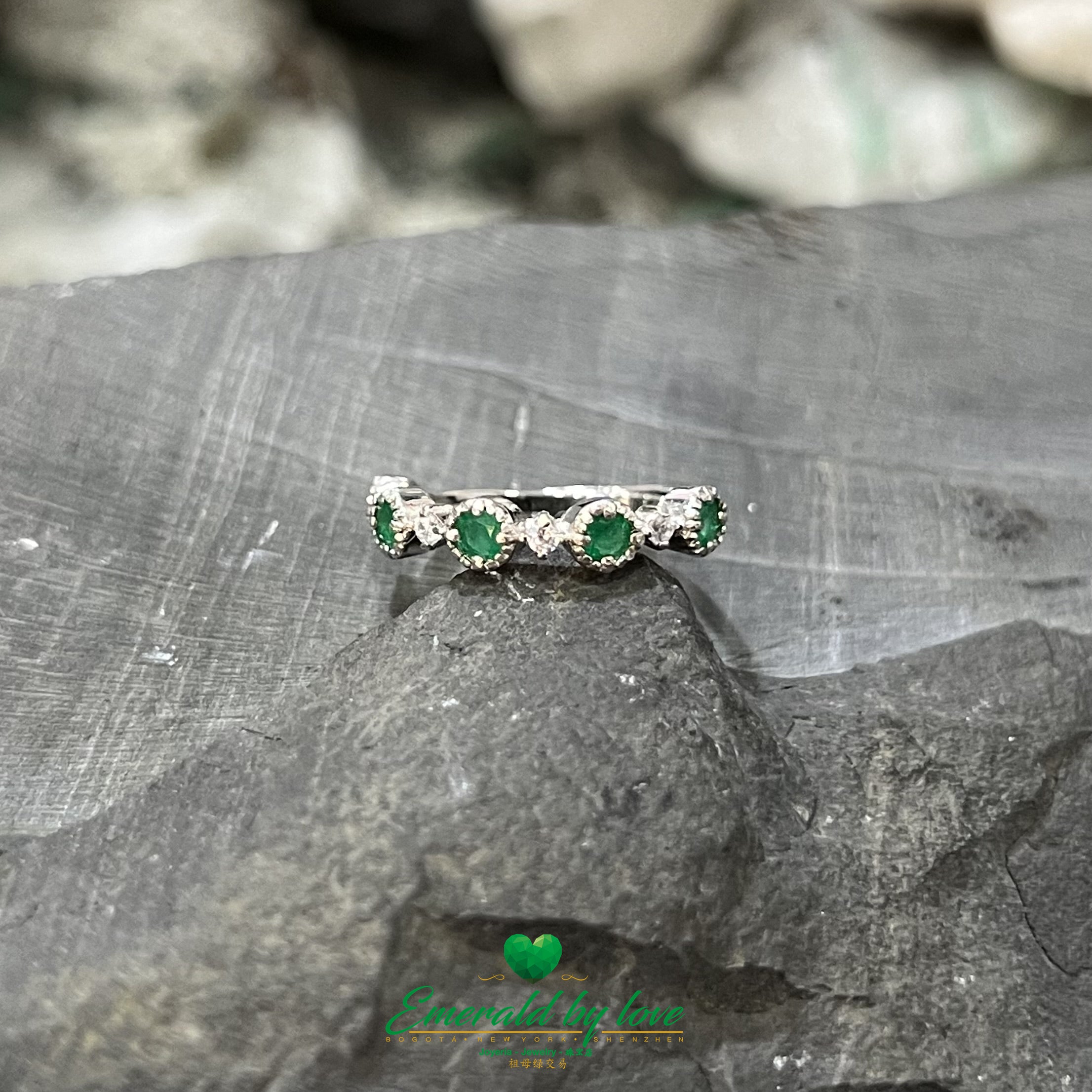 Round Emerald Bezel Band Ring with Sparkling Zirconia Accents