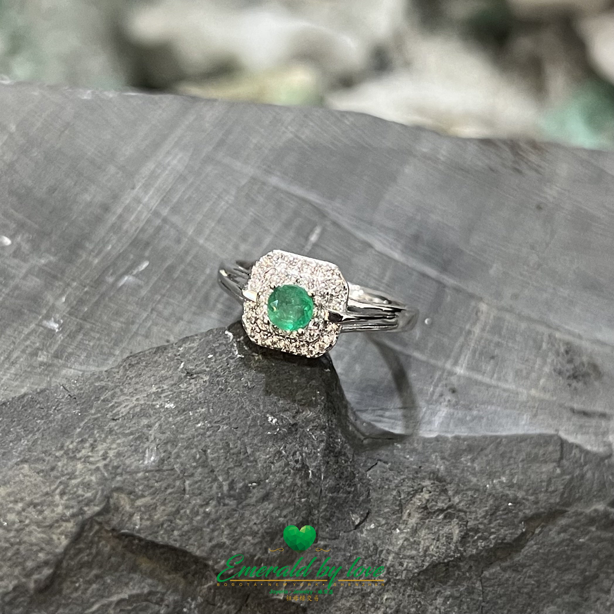 Square Marquise Emerald Ring with Central Round Emerald
