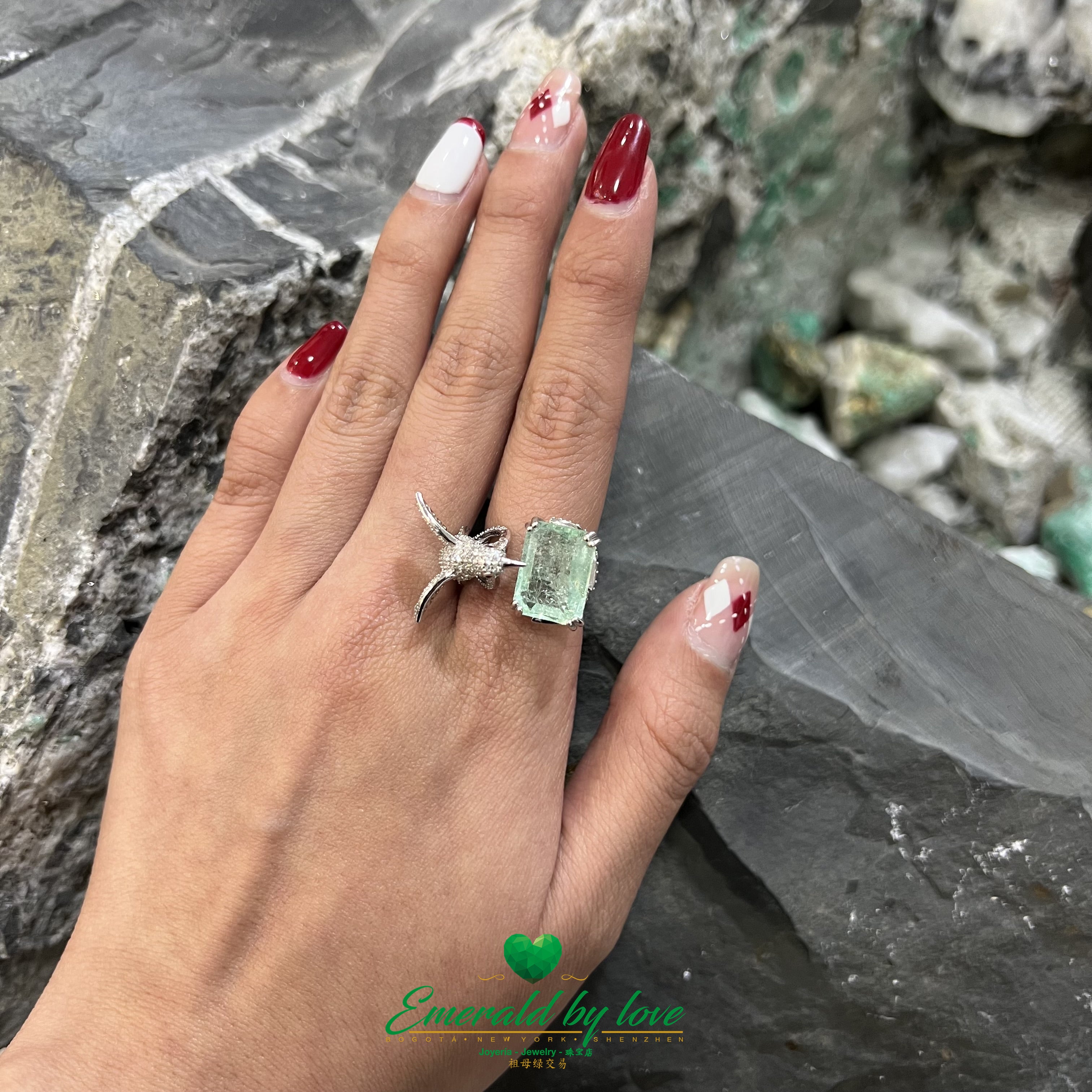 Spectacular Rectangular Emerald Crystal Ring with Hummingbird Accent