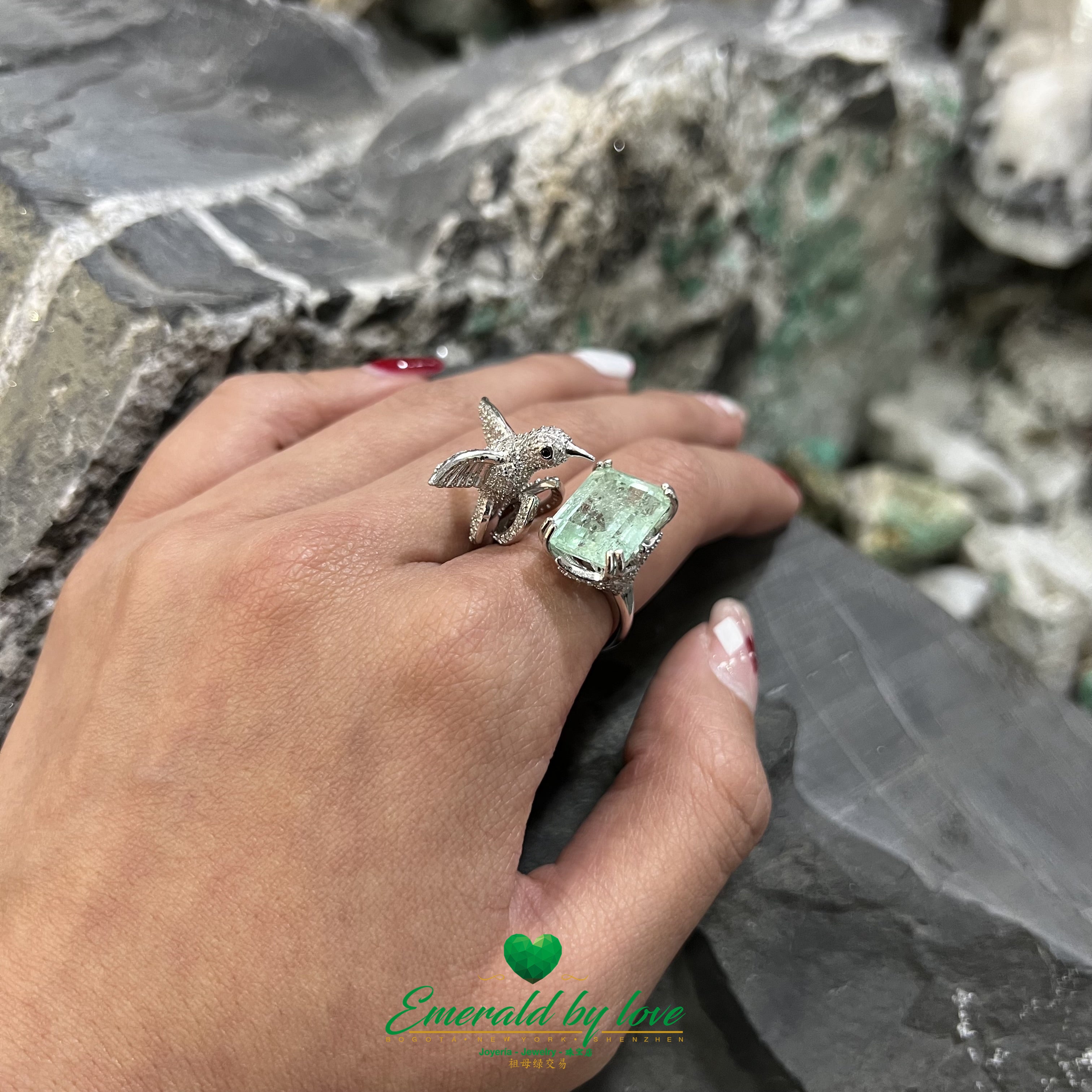 Spectacular Rectangular Emerald Crystal Ring with Hummingbird Accent