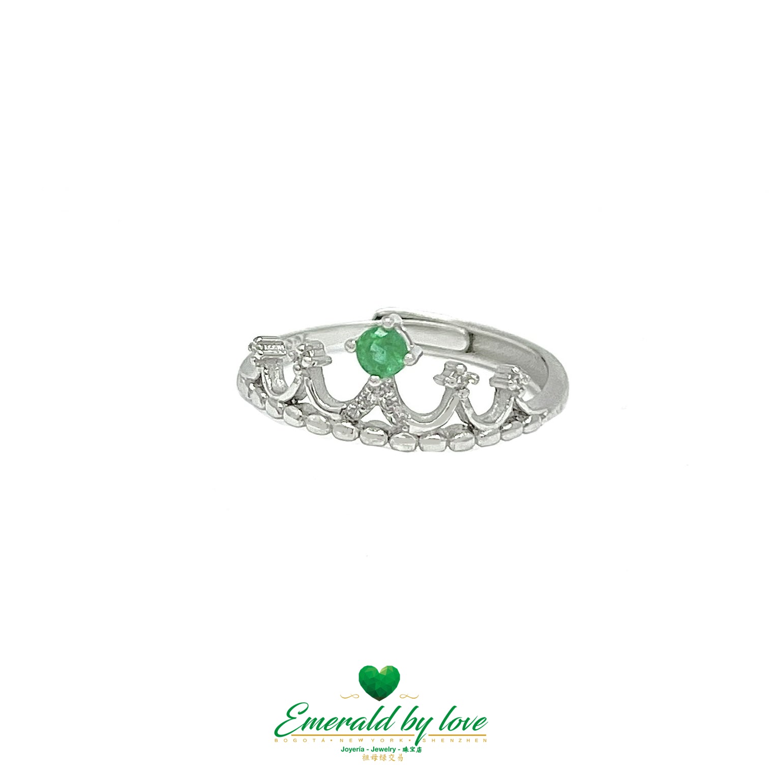 Simple Crown Silver Ring with Round Emerald Centerpiece