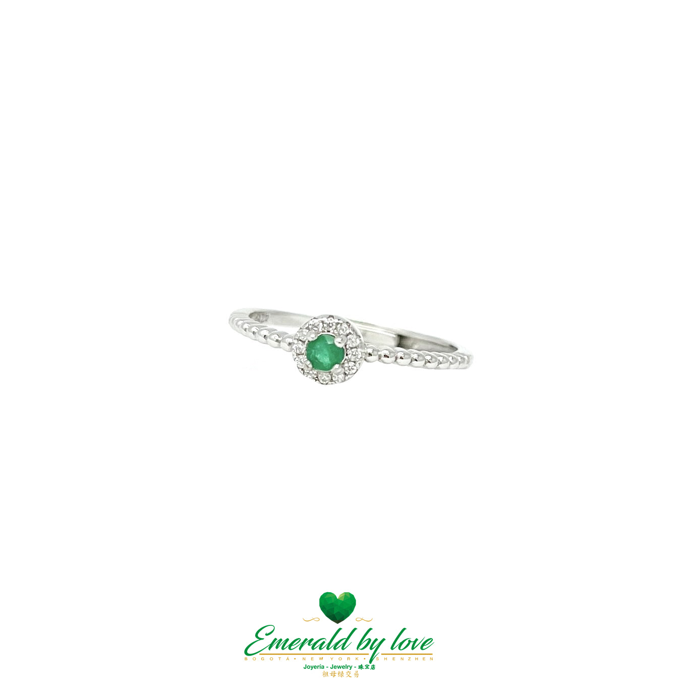 Sterling Silver Ring with Petite Round Marquise and Central Emerald