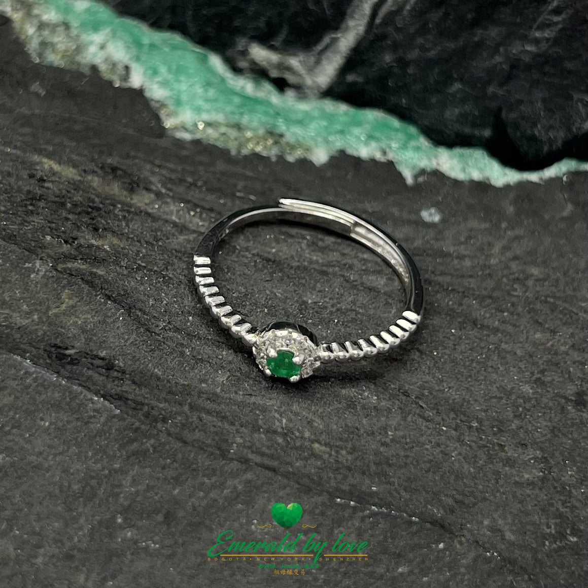 Sterling Silver Ring with Petite Round Marquise and Central Emerald