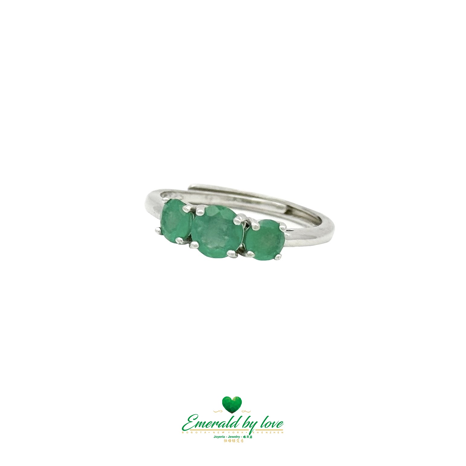 Elegant Three-Stone Emerald Band with Round Colombian Emeralds