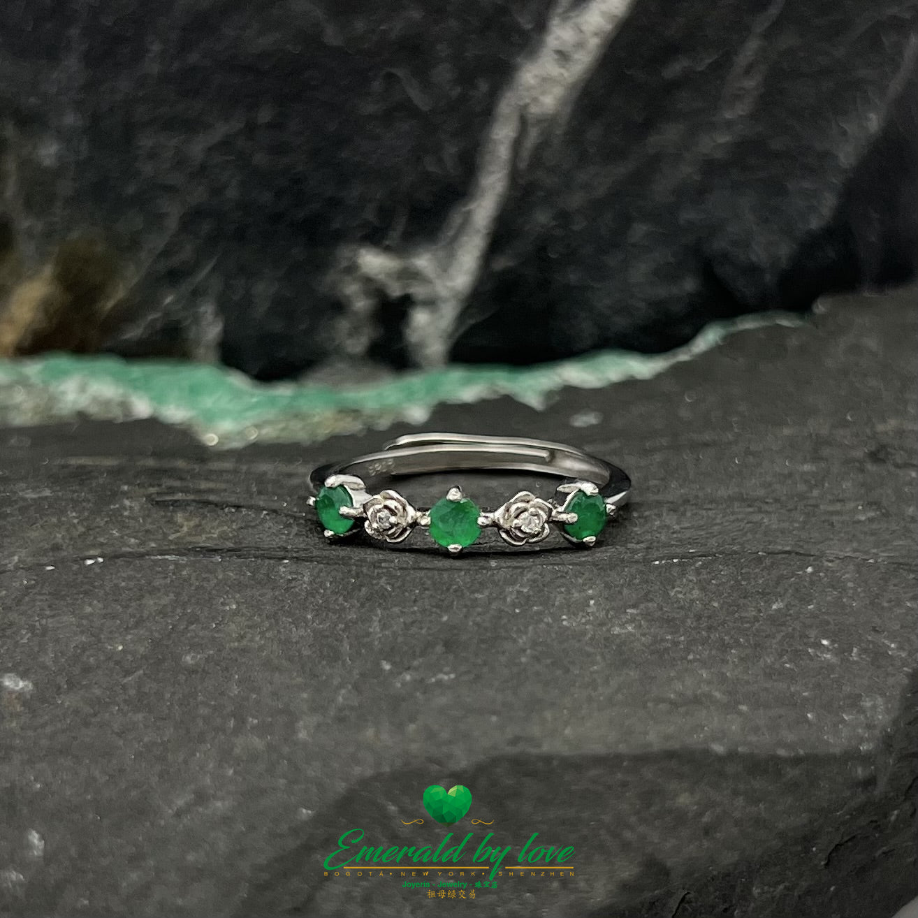 Sterling Silver Band with Intertwined Emeralds and Miniature Roses