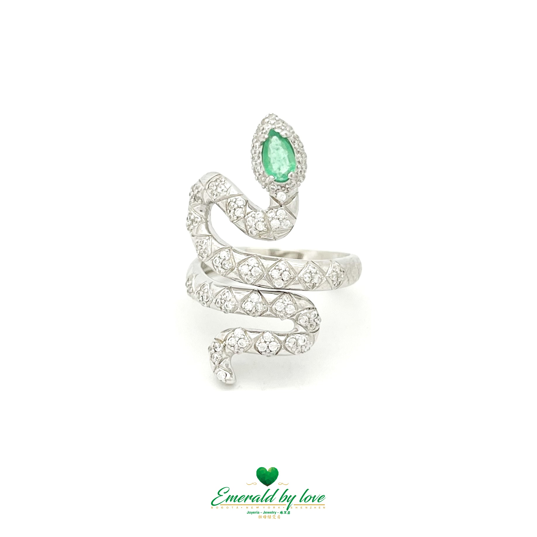 Silver Snake Ring with White Zircons and Pear-Shaped Emerald Head