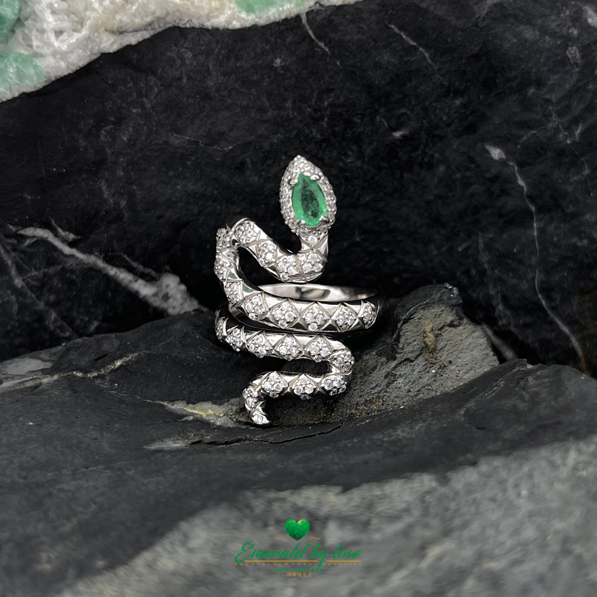 Silver Snake Ring with White Zircons and Pear-Shaped Emerald Head