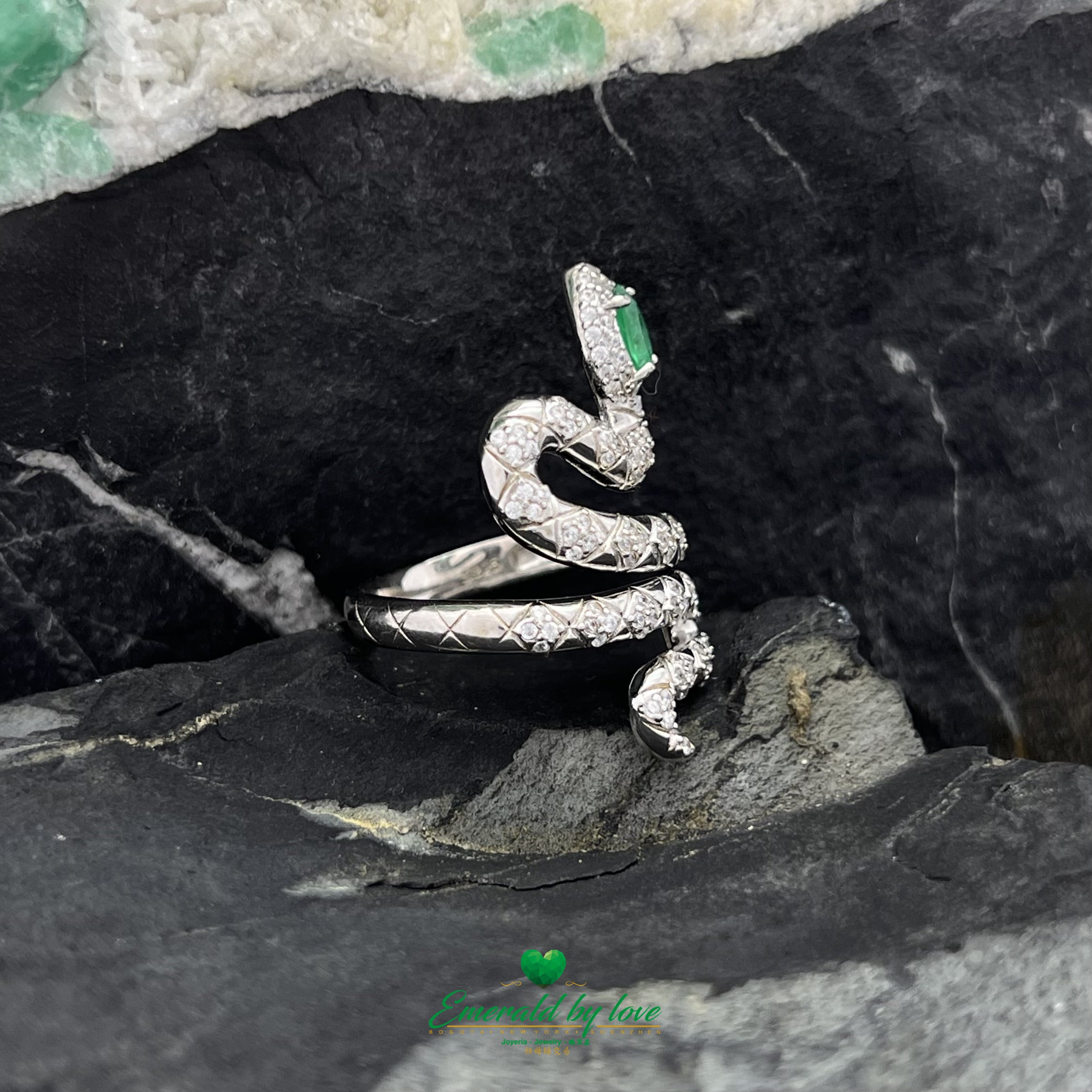 Silver Snake Ring with White Zircons and Pear-Shaped Emerald Head