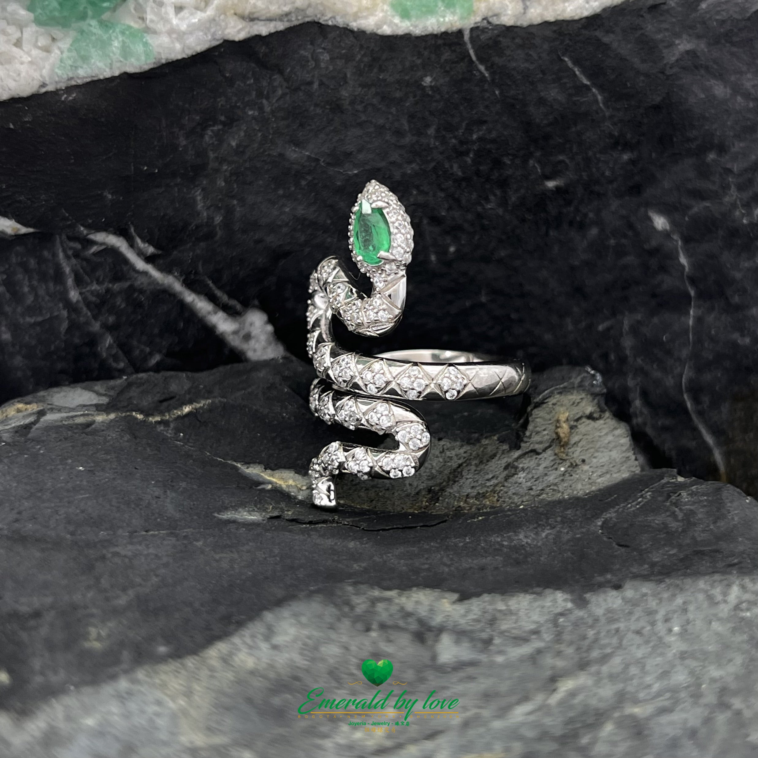 Silver Snake Ring with White Zircons and Pear-Shaped Emerald Head