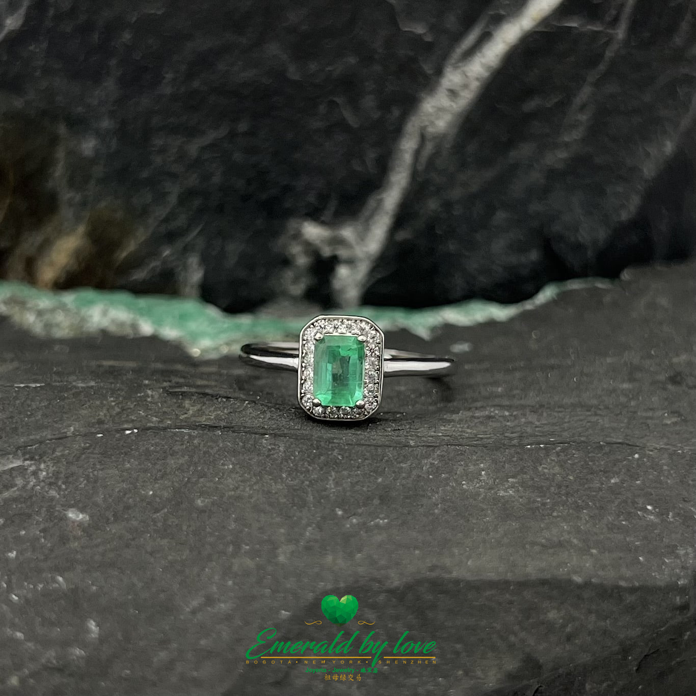 Rectangular Emerald Marquise Ring with Surrounding Zircons