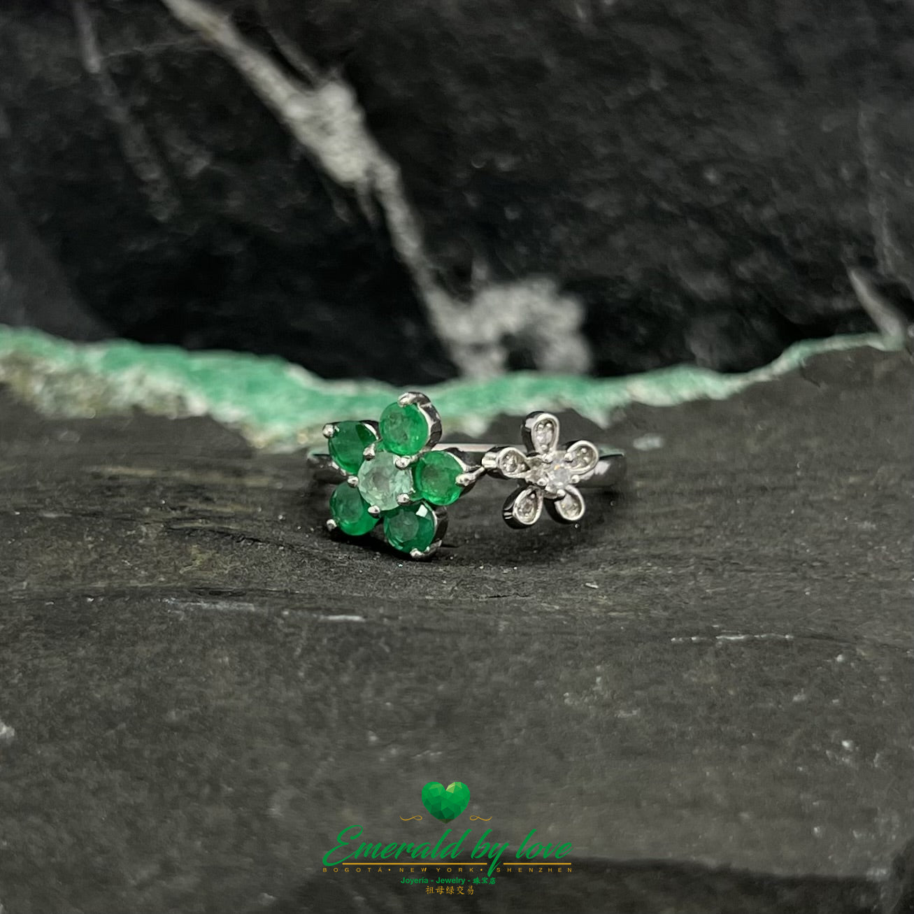 Emeralds and White & Green Zirconia Double Flower Ring