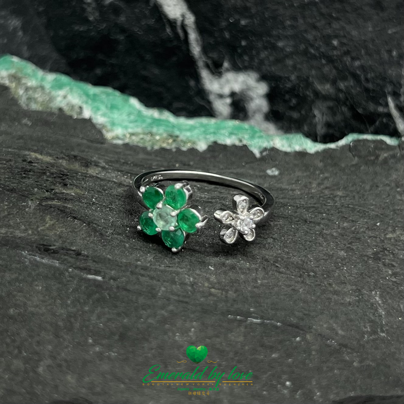 Emeralds and White & Green Zirconia Double Flower Ring