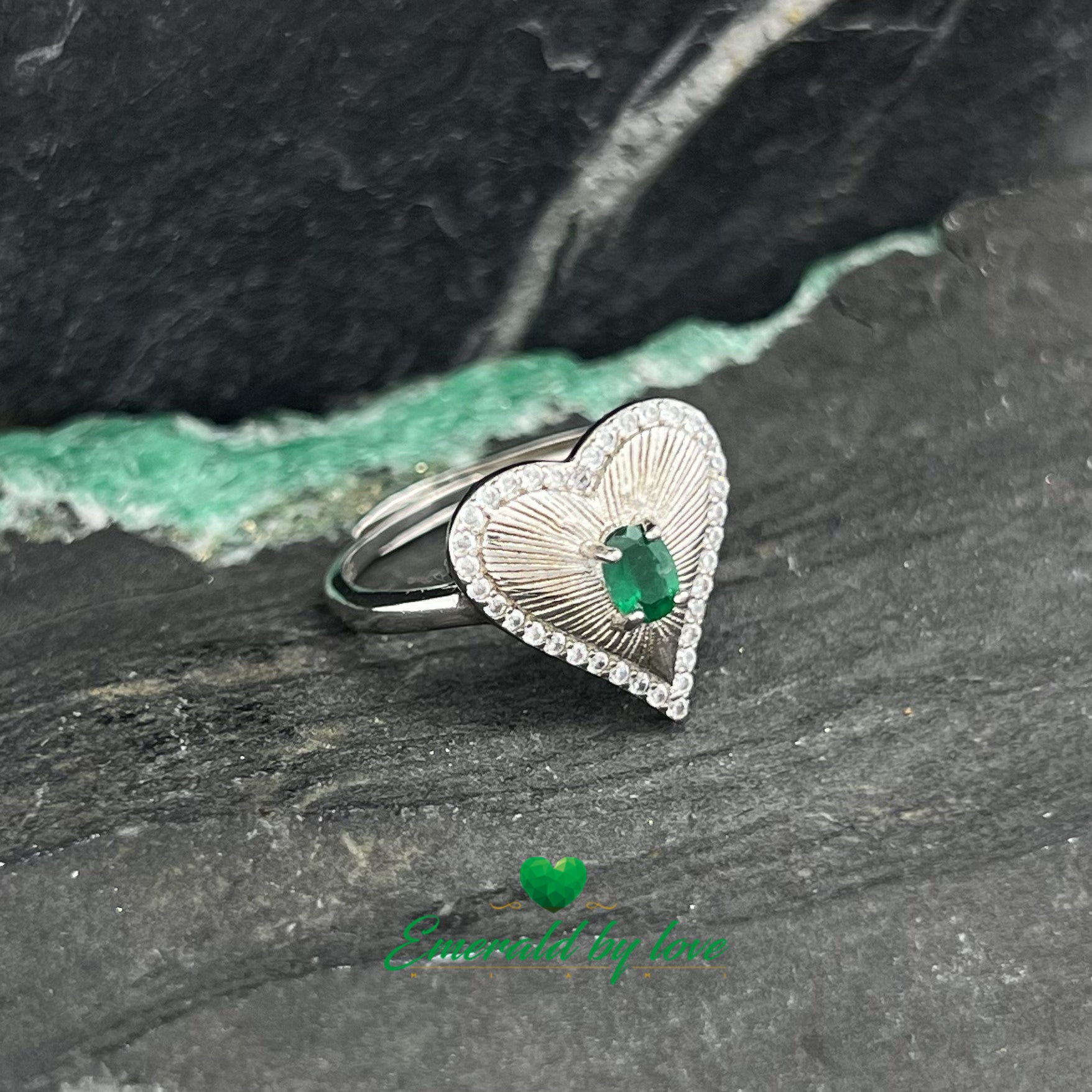 Heart Relief Ring with Oval Emerald and Sparkling Zirconia Accents