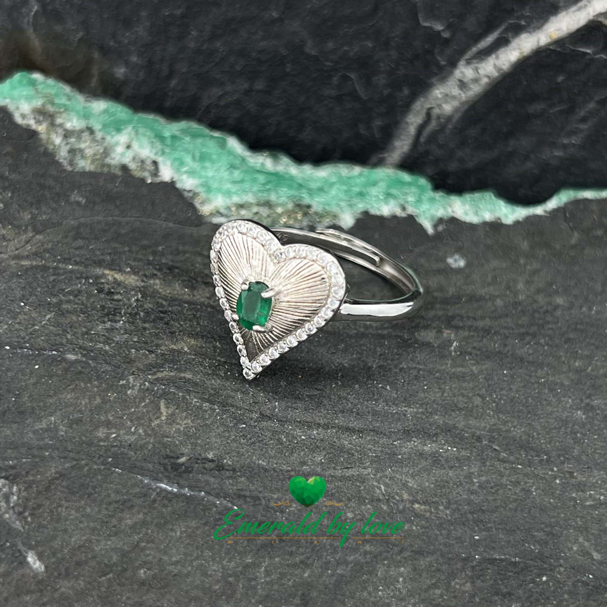 Heart Relief Ring with Oval Emerald and Sparkling Zirconia Accents