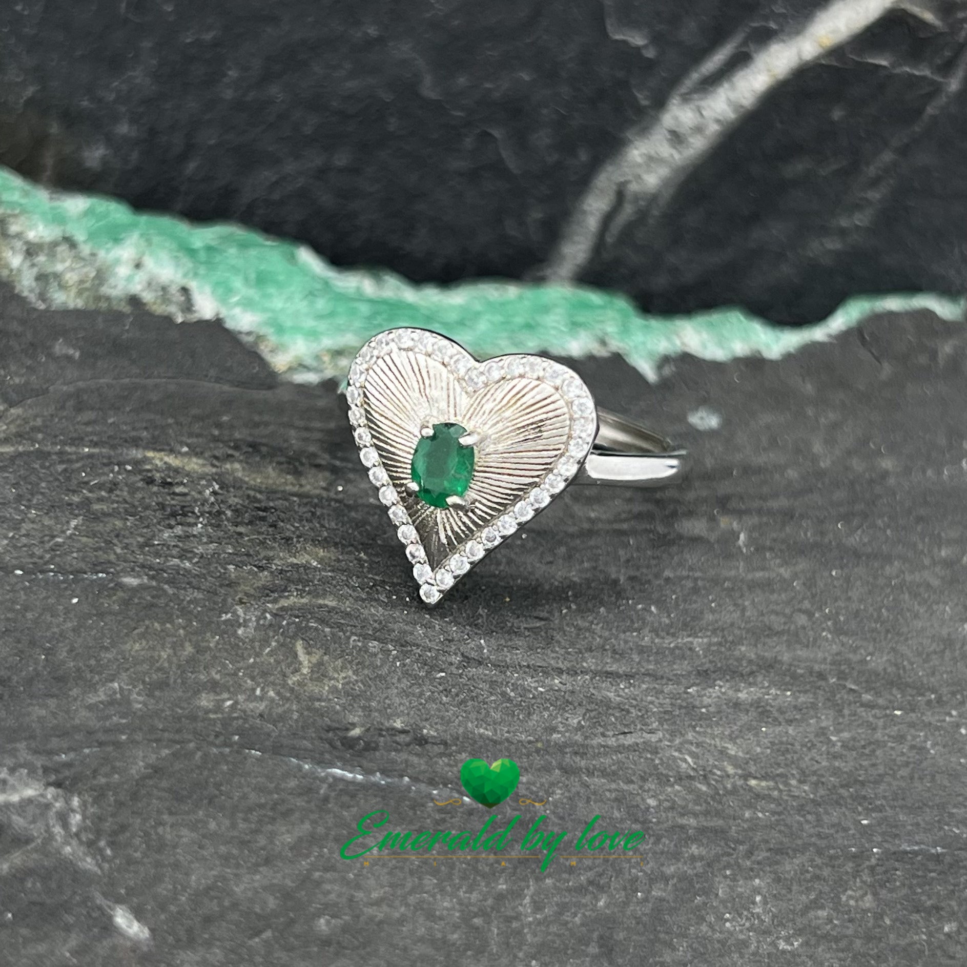 Heart Relief Ring with Oval Emerald and Sparkling Zirconia Accents