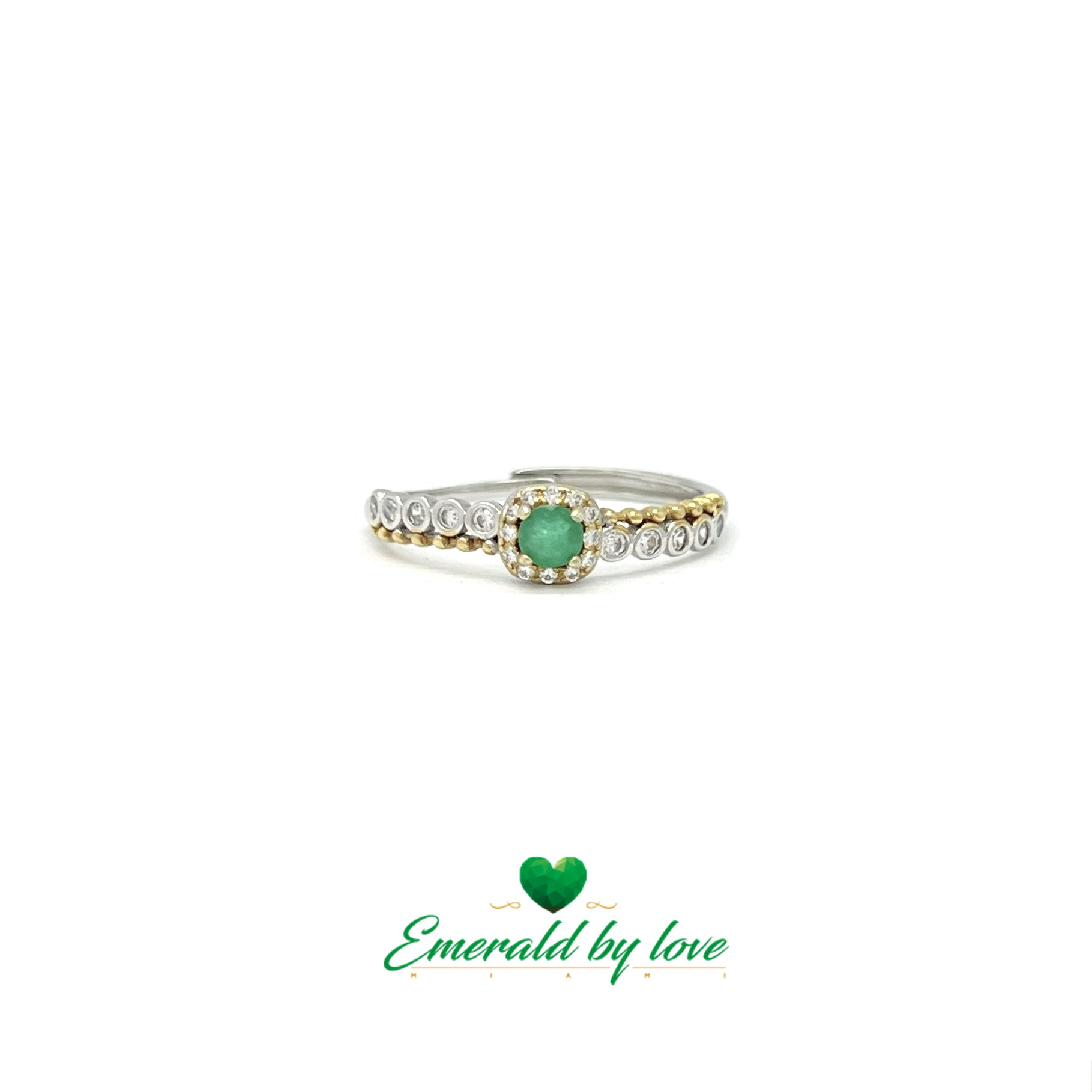 Solitaire Ring with Central Round Emerald Surrounded by Zircon and Gold-Plated Double Band