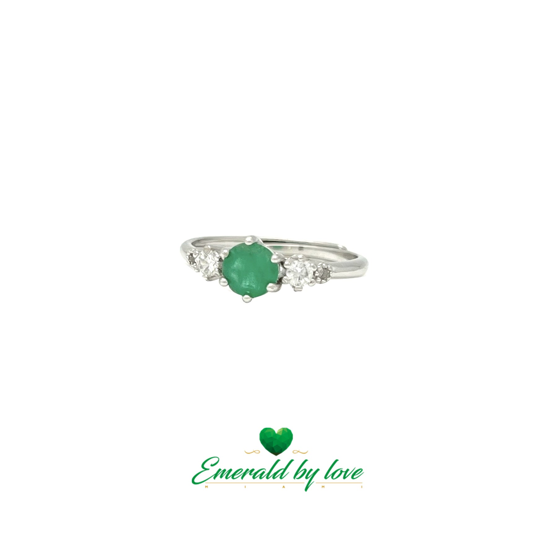 Classy Ring with 0.42ct Central Round Emerald and Matching Side Zircons