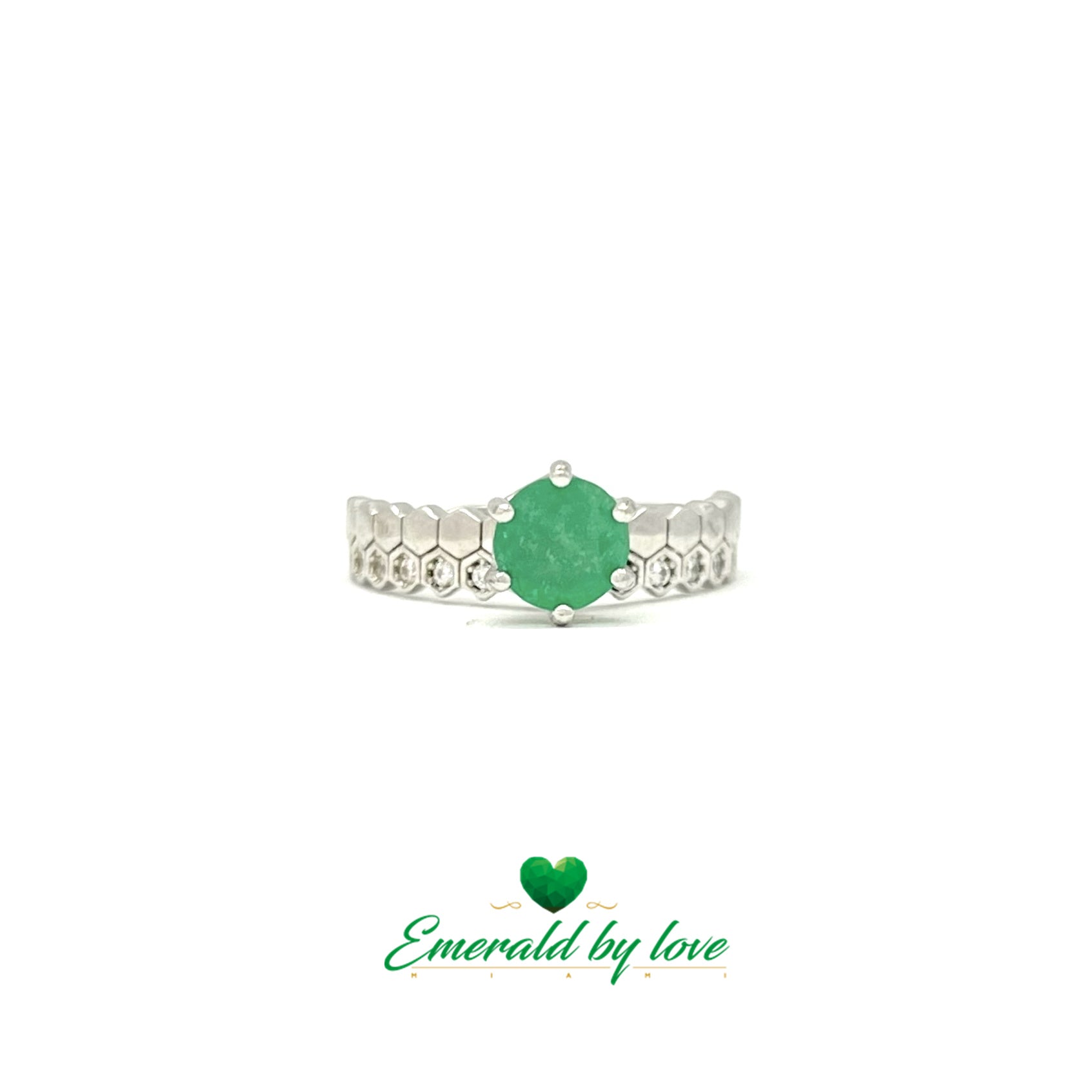 Unique Engagement Ring with Textured Silver Double Band and Central Round Emerald