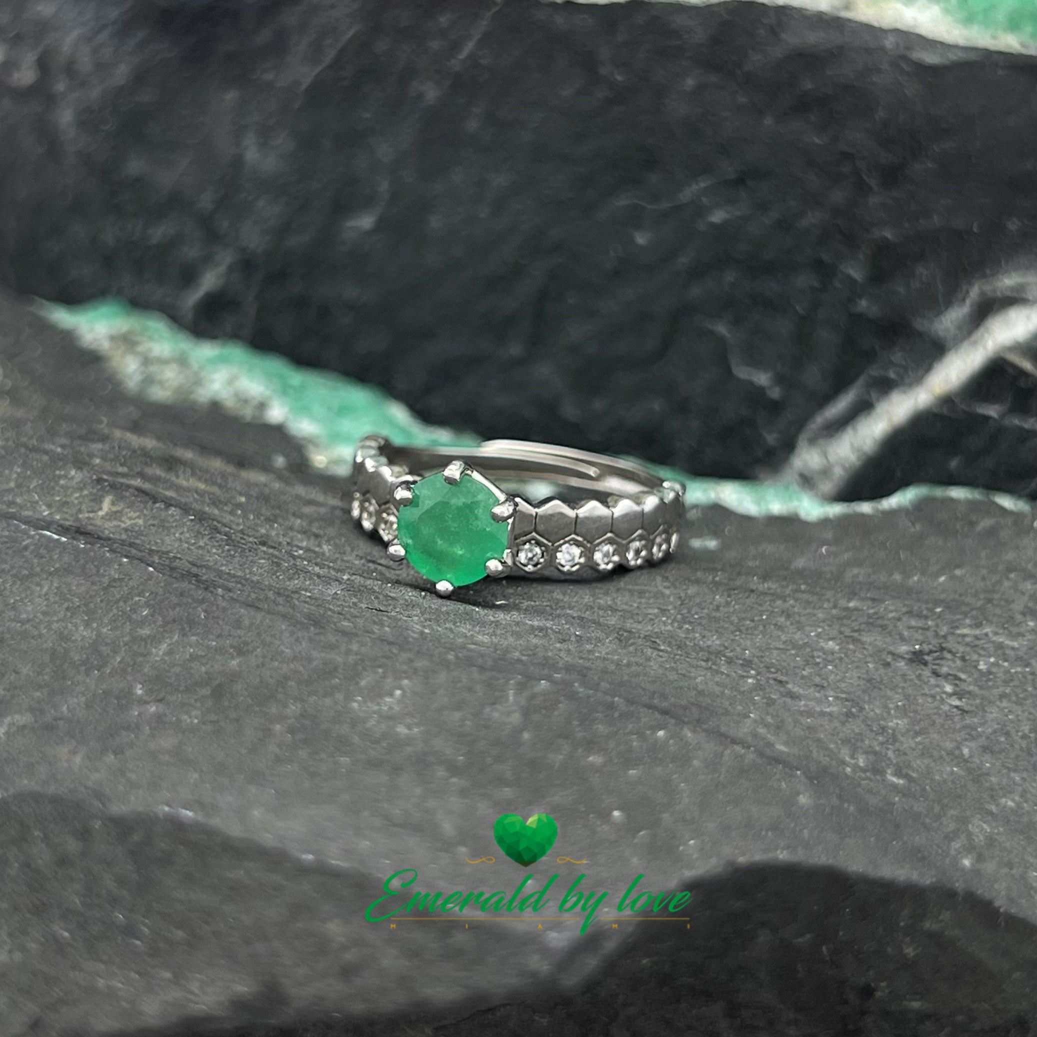 Unique Engagement Ring with Textured Silver Double Band and Central Round Emerald