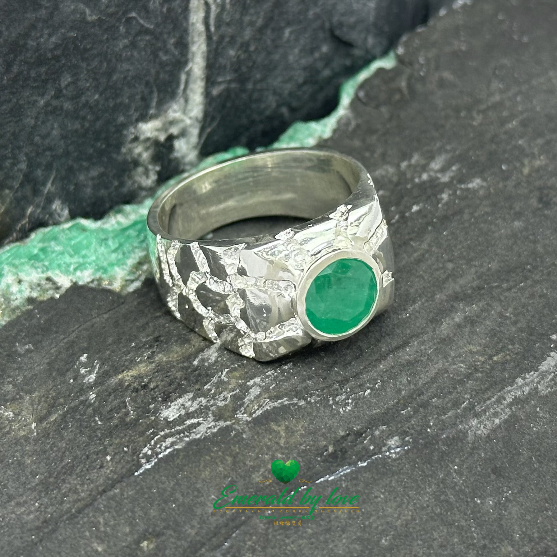 Round Bezel-Set Men's Ring with Textured Silver