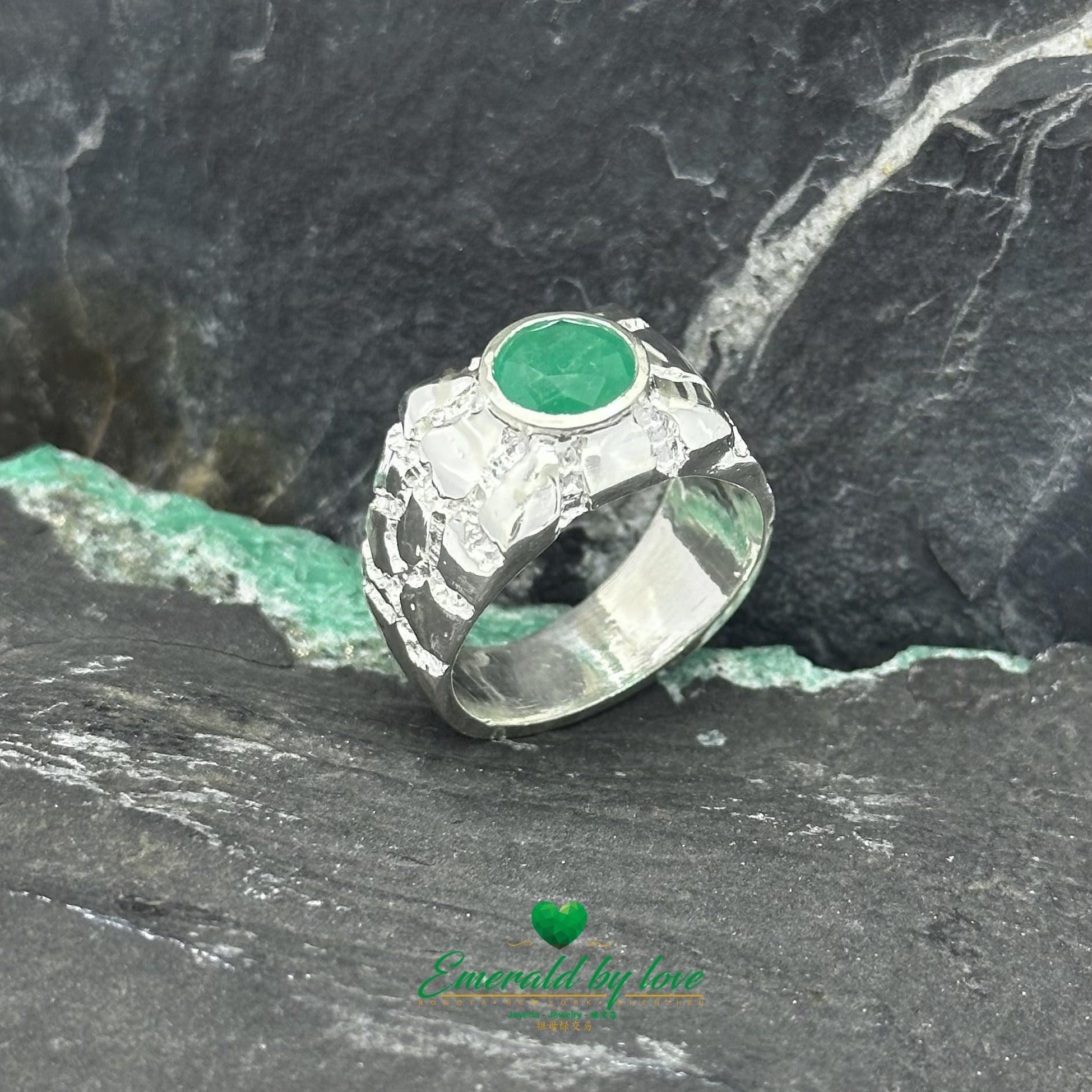 Round Bezel-Set Men's Ring with Textured Silver