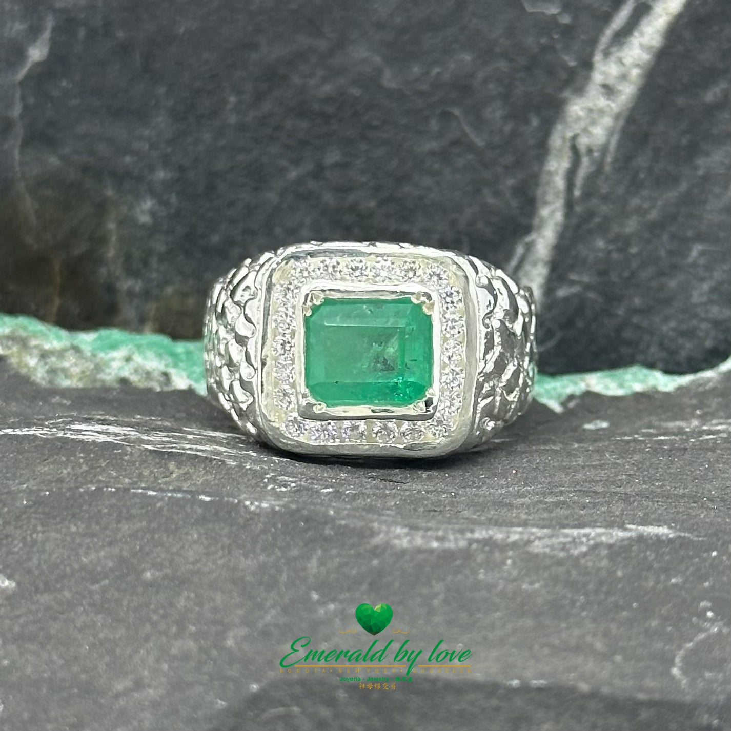 Men's Ring with Closed Bezel-Set Emerald and Surrounding Round Zircons