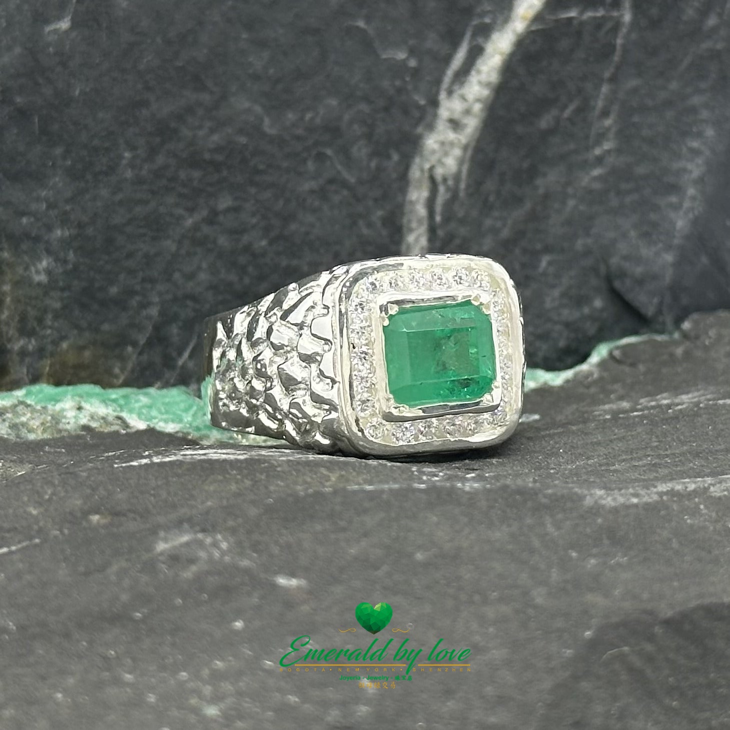 Men's Ring with Closed Bezel-Set Emerald and Surrounding Round Zircons