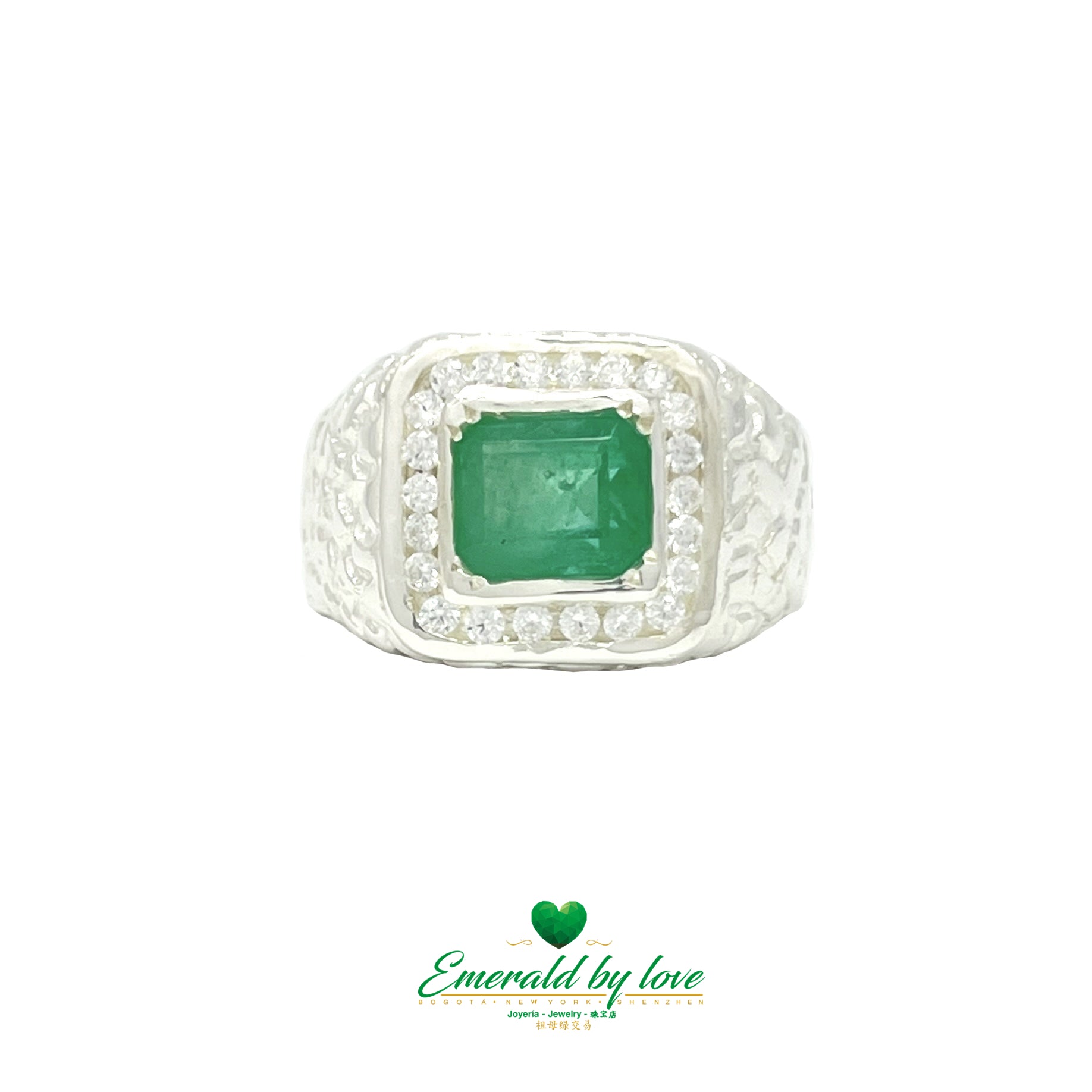 Men's Ring with Closed Bezel-Set Emerald and Surrounding Round Zircons