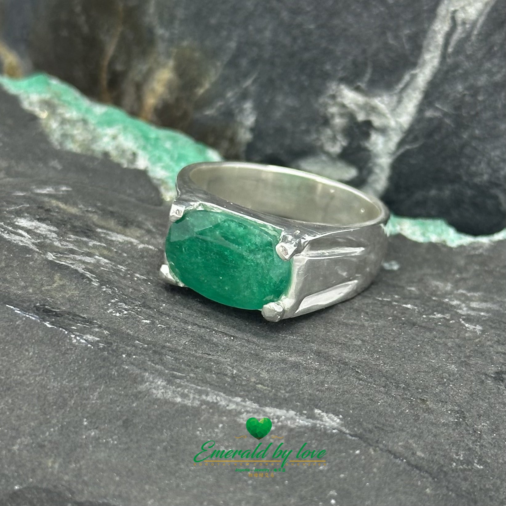 Men's Silver Ring with Large Oval Emerald in Four-Prong Setting
