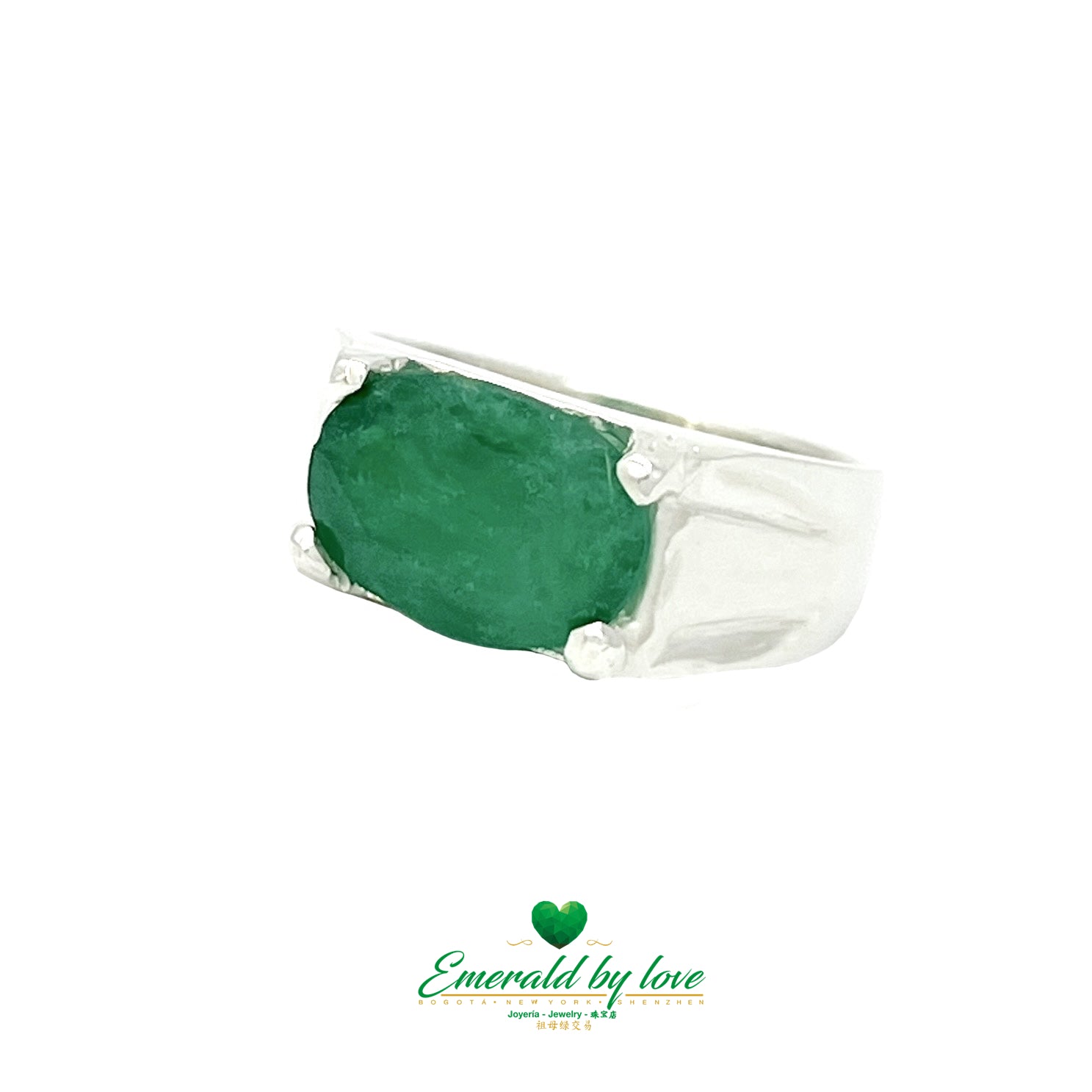 Men's Silver Ring with Large Oval Emerald in Four-Prong Setting