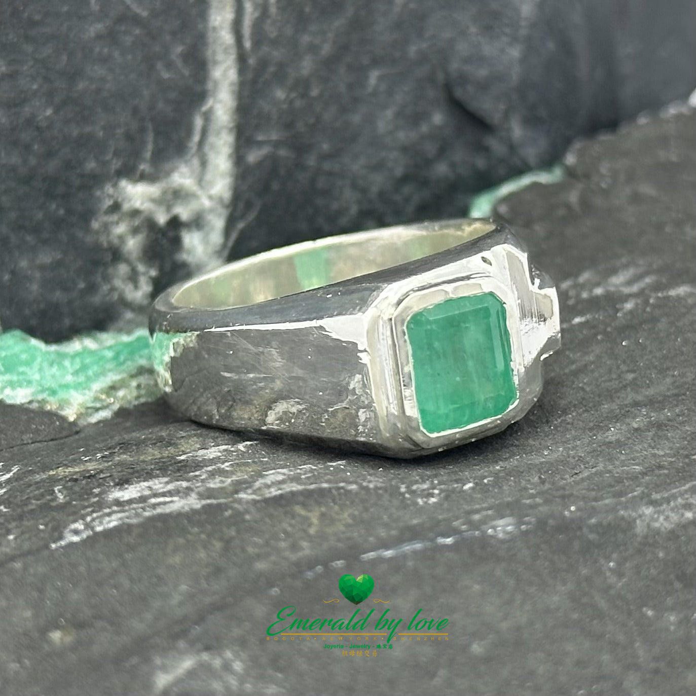 Men's Silver Ring with Square Emerald in Bezel Setting