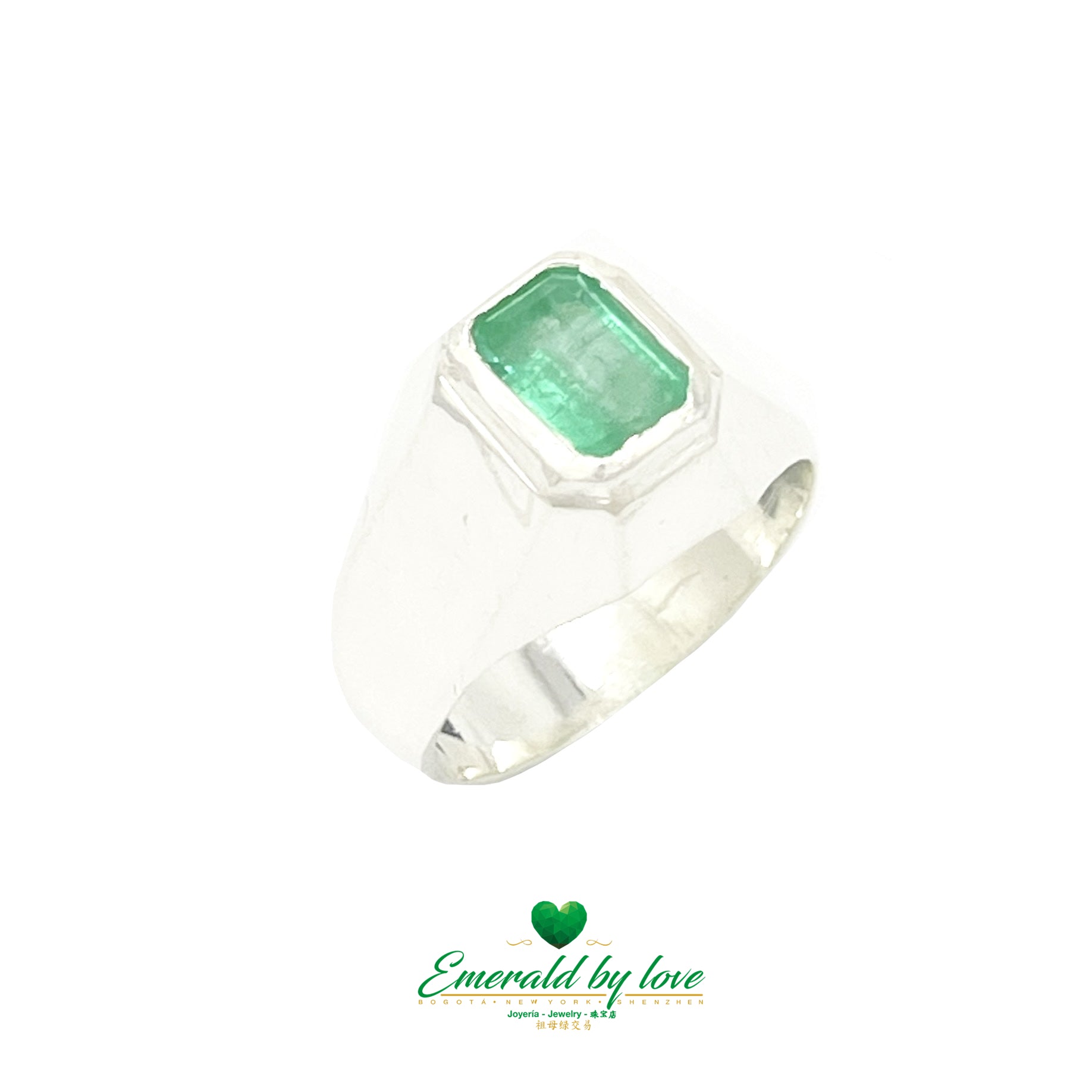 Sophisticated Men's Sterling Silver Ring with Bezel-Set Rectangular Emerald