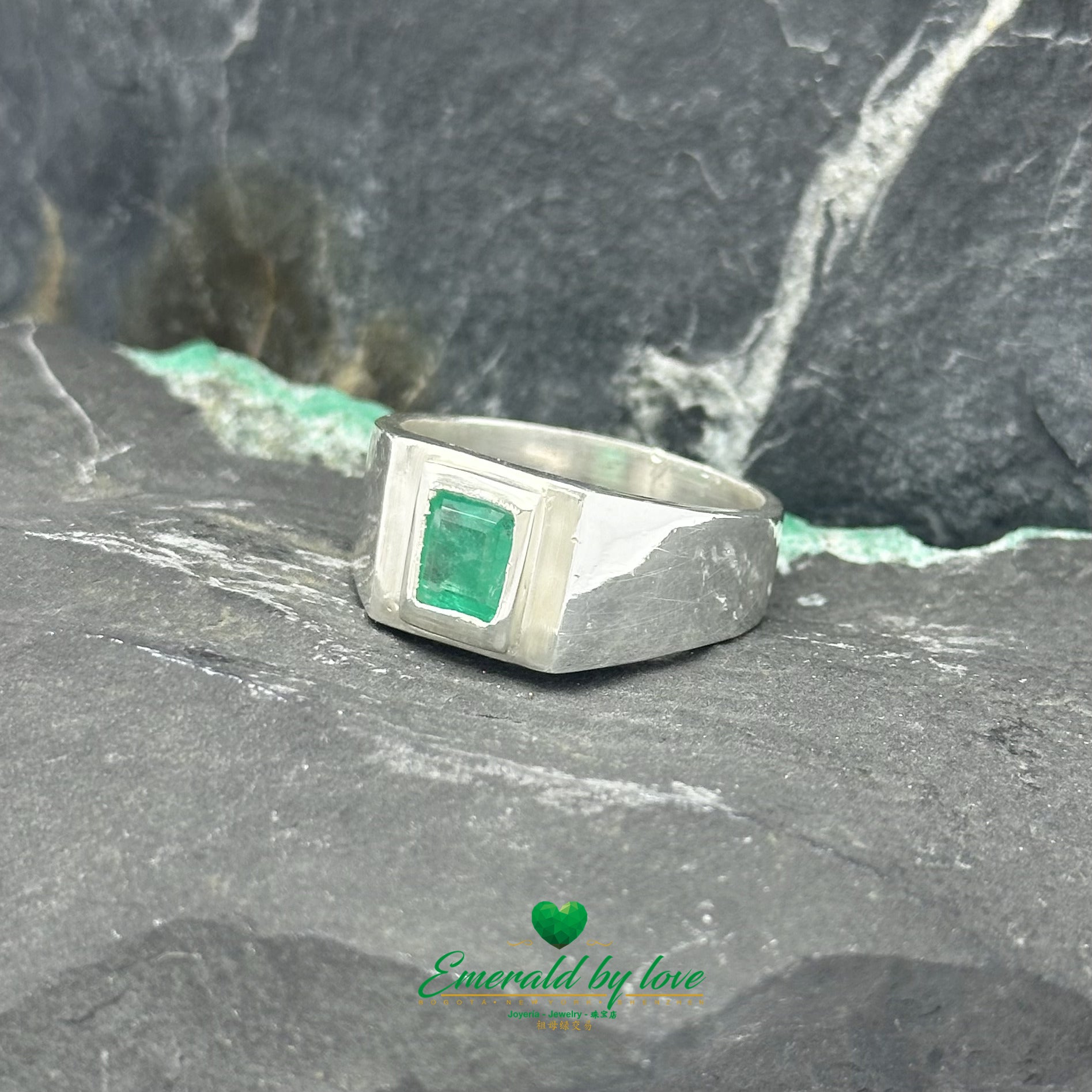 Vertical Rectangular Emerald Bezel-Set Silver Men's Ring
