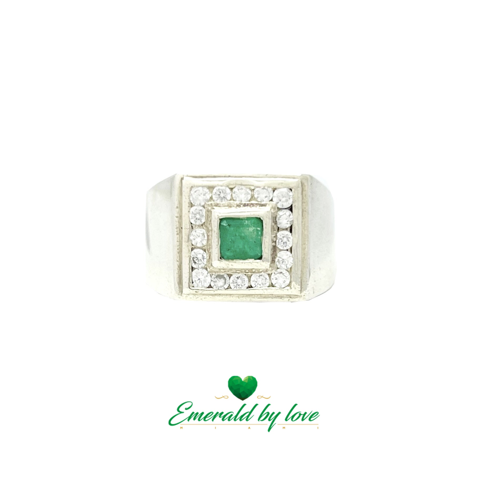 Stylish Men's Silver Ring with Square Emerald and Zircon-Set Bezel