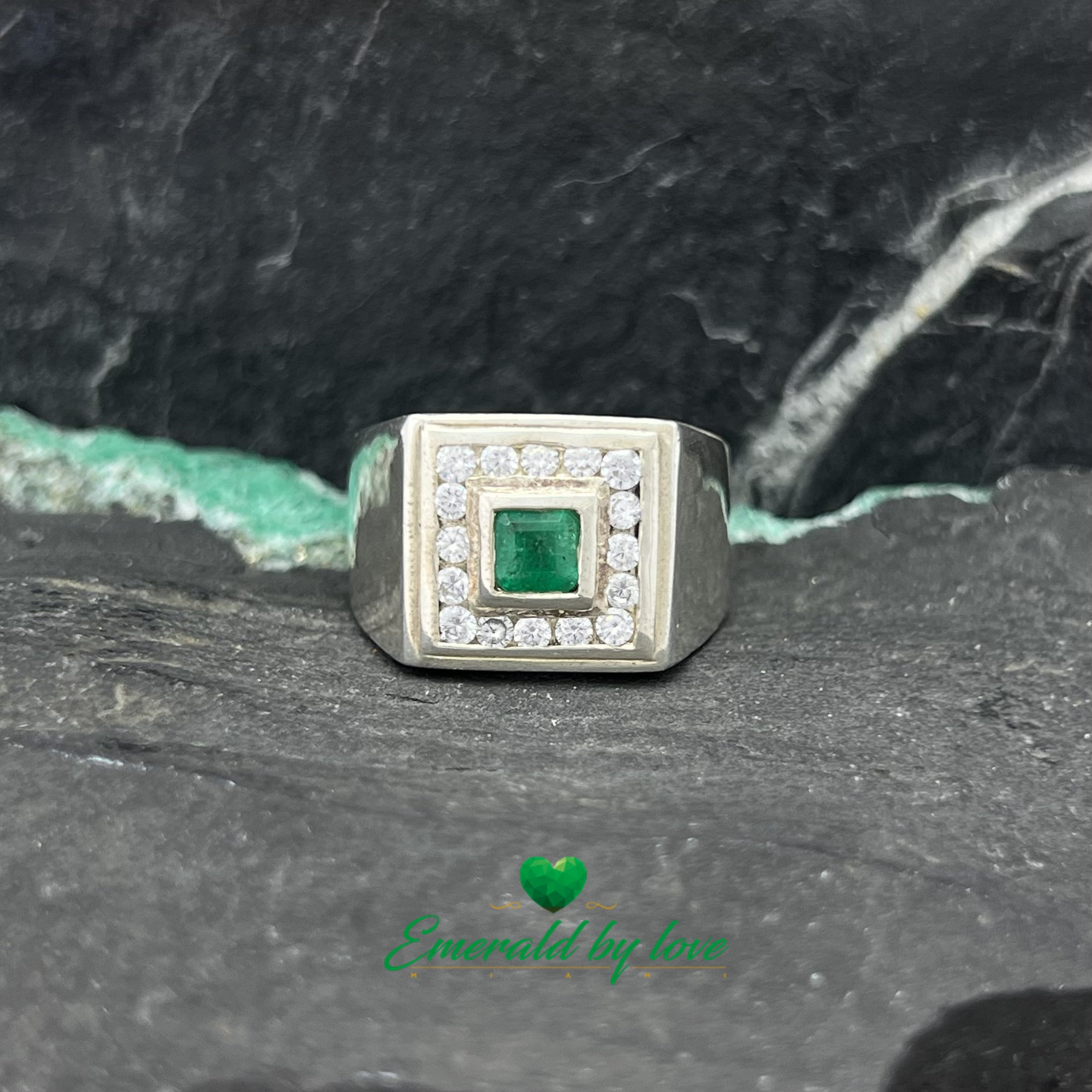 Stylish Men's Silver Ring with Square Emerald and Zircon-Set Bezel