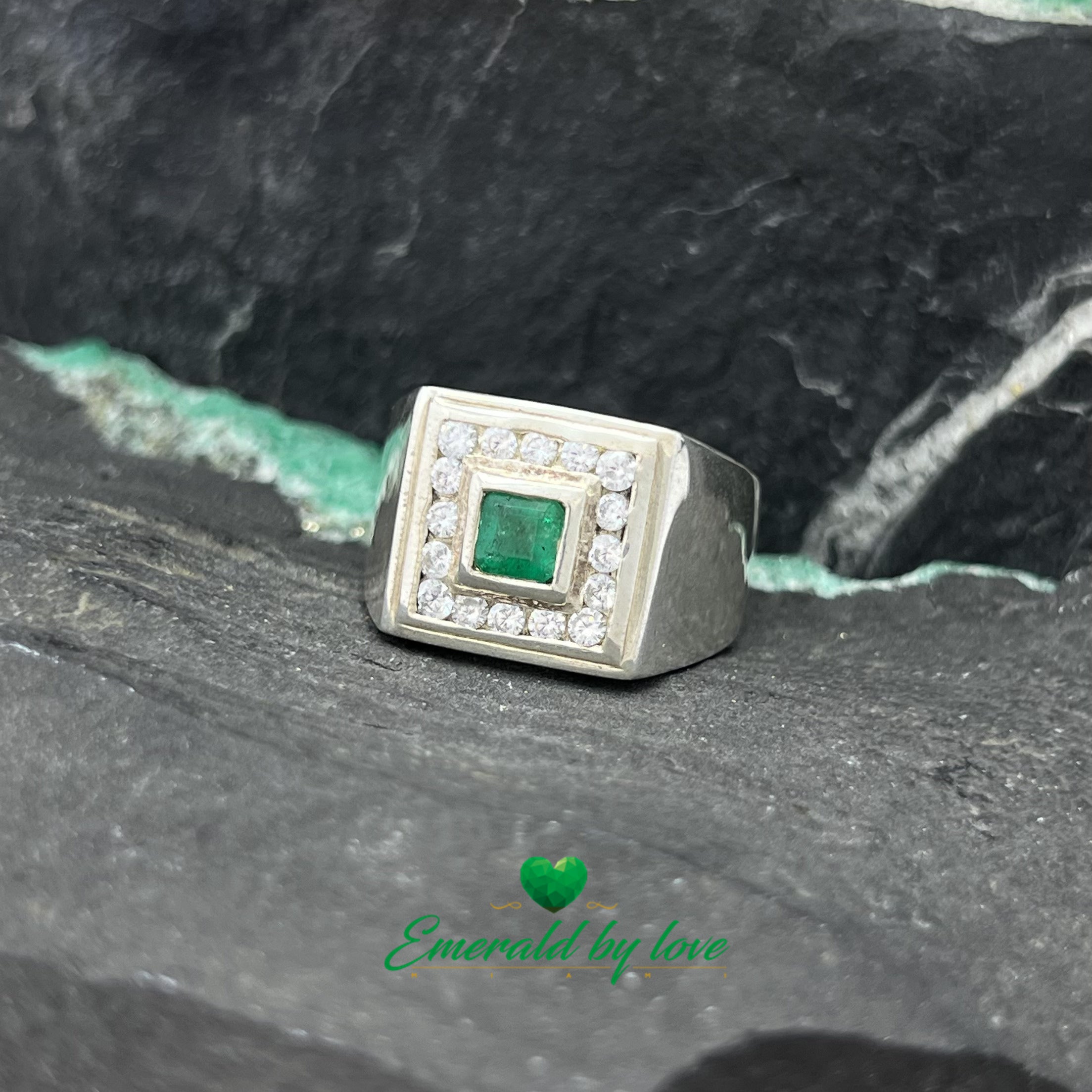 Stylish Men's Silver Ring with Square Emerald and Zircon-Set Bezel