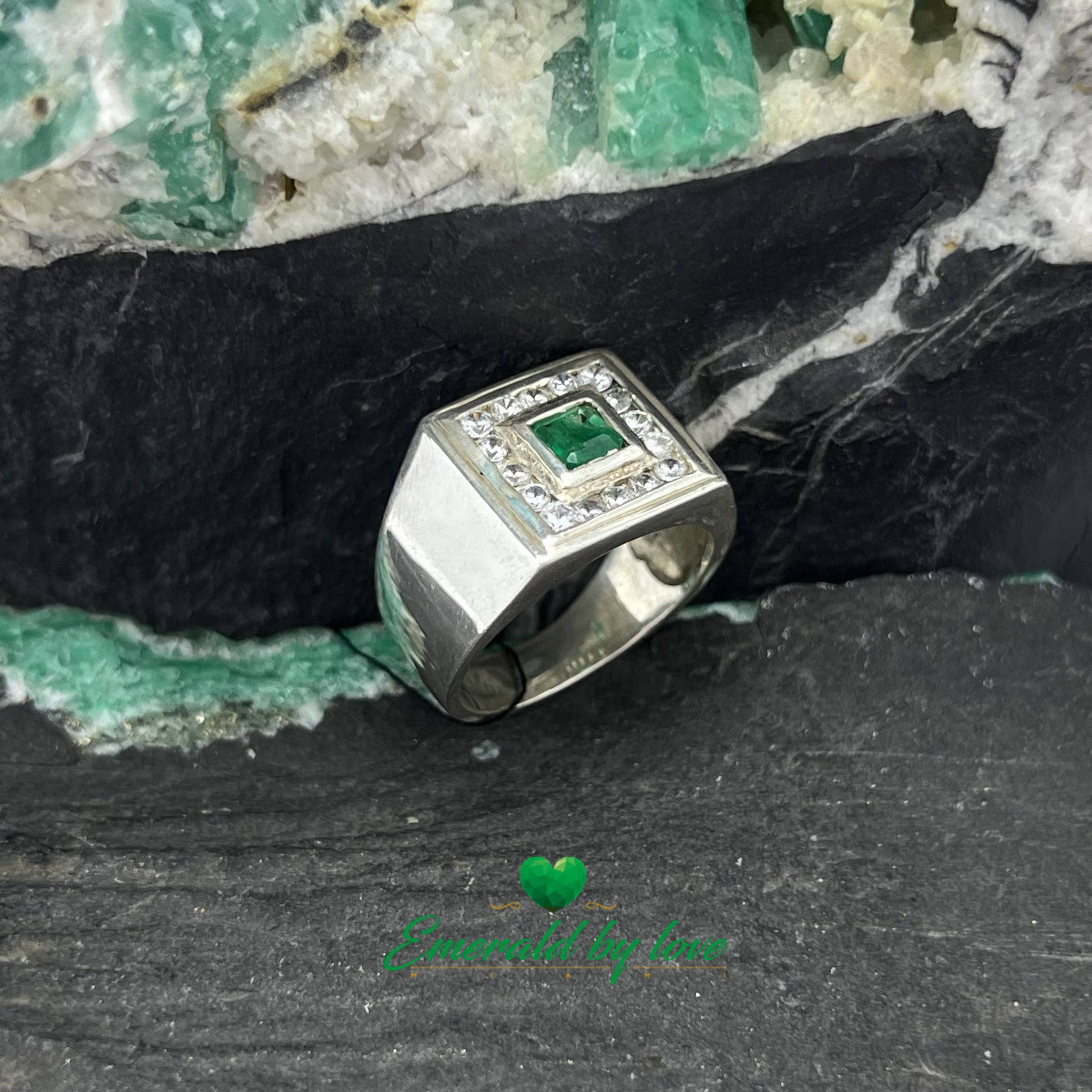 Stylish Men's Silver Ring with Square Emerald and Zircon-Set Bezel